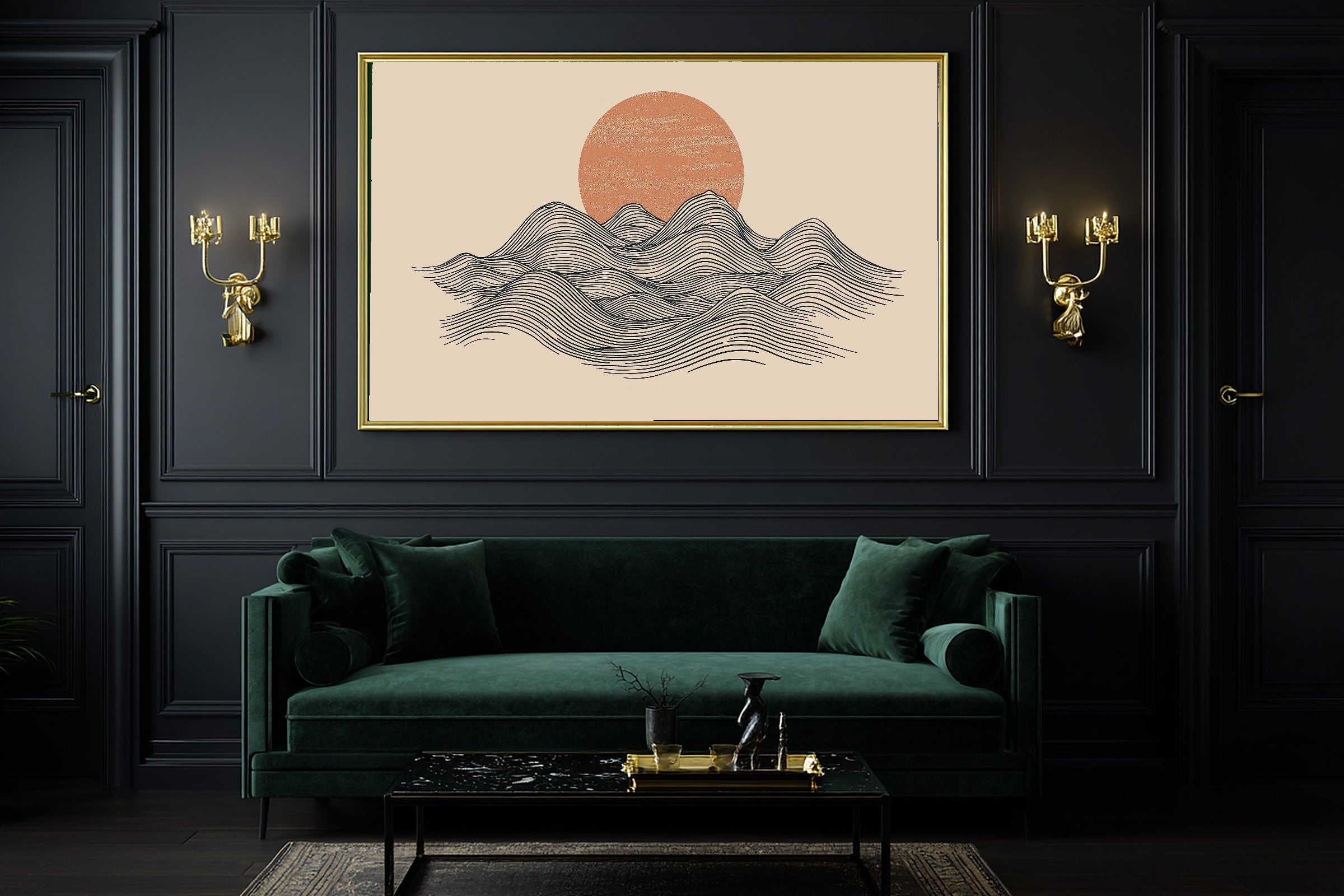Mountain Line Minimal Sunrise Print on Stretched Canvas — Heartfelt Glowing Midnight for the Bedroom, Gift for the Aurora Chaser Next Door — mountain-line-minimal-sunrise-office-wall-art.jpg