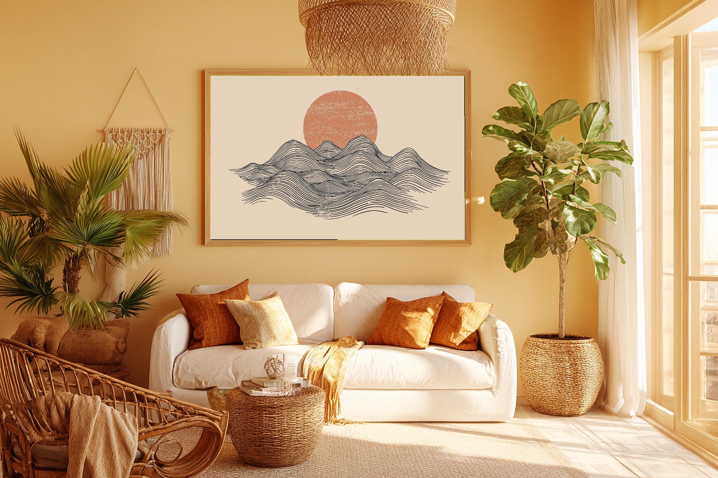 Mountain Line Minimal Sunrise Print on Stretched Canvas — Heartfelt Glowing Midnight for the Bedroom, Gift for the Aurora Chaser Next Door — mountain-line-minimal-sunrise-room-5-wall-art.jpg