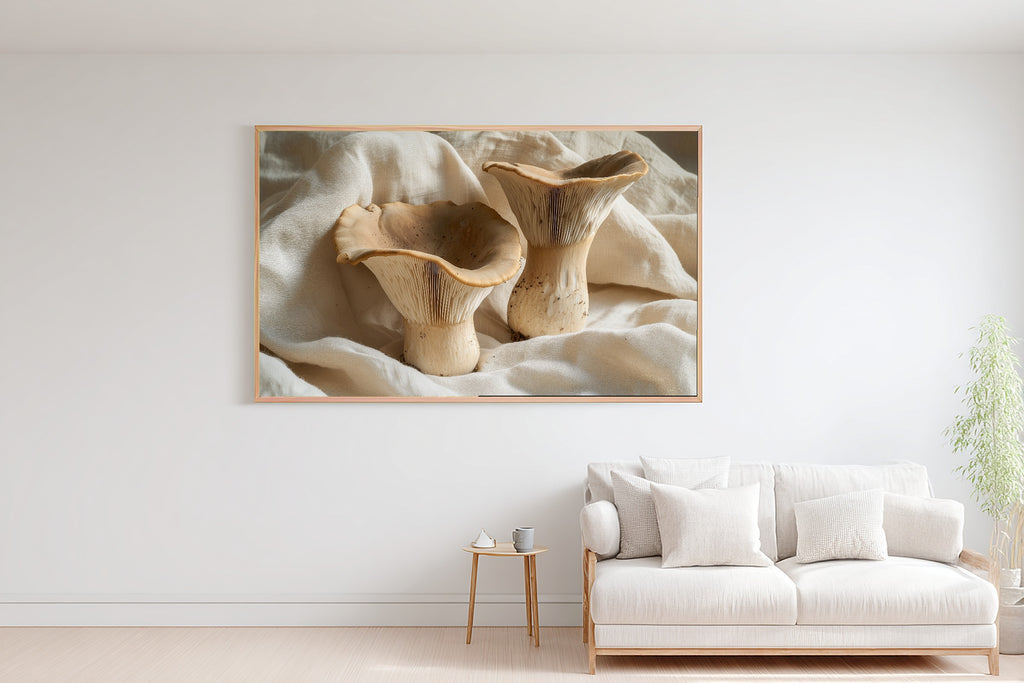Dreamy Timeless Mushroom Foraging Neutral Art Print — Quiet Decor for the Living Room, Stretched Canvas the Art Lover in Your Life Will Love — mushroom-foraging-neutral-bedroom-wall-art.jpg