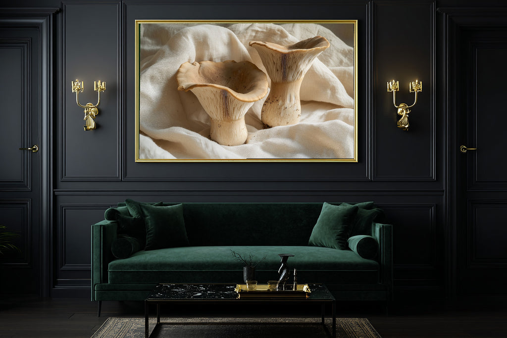 Dreamy Timeless Mushroom Foraging Neutral Art Print — Quiet Decor for the Living Room, Stretched Canvas the Art Lover in Your Life Will Love — mushroom-foraging-neutral-office-wall-art.jpg