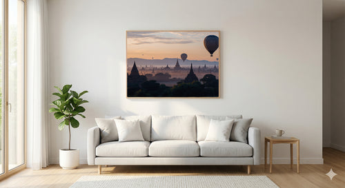 Bagan Canvas Wall Art | Myanmar Temple Sunrise Print, Asian Historical, Spiritual Decor, Stretched Canvas — myanmar-bagan-temples-living-room-wall-art.jpg