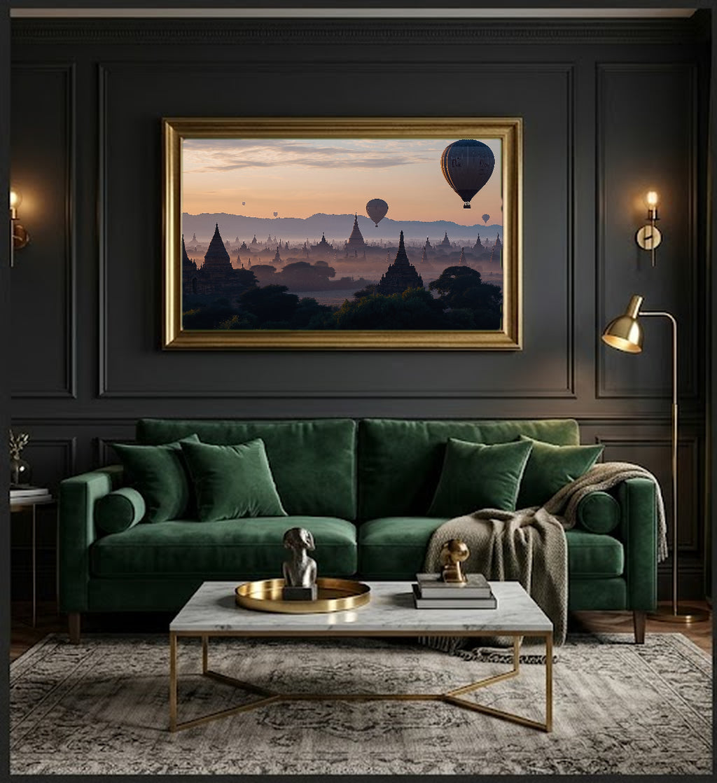 Bagan Canvas Wall Art | Myanmar Temple Sunrise Print, Asian Historical, Spiritual Decor, Stretched Canvas — myanmar-bagan-temples-office-wall-art.jpg
