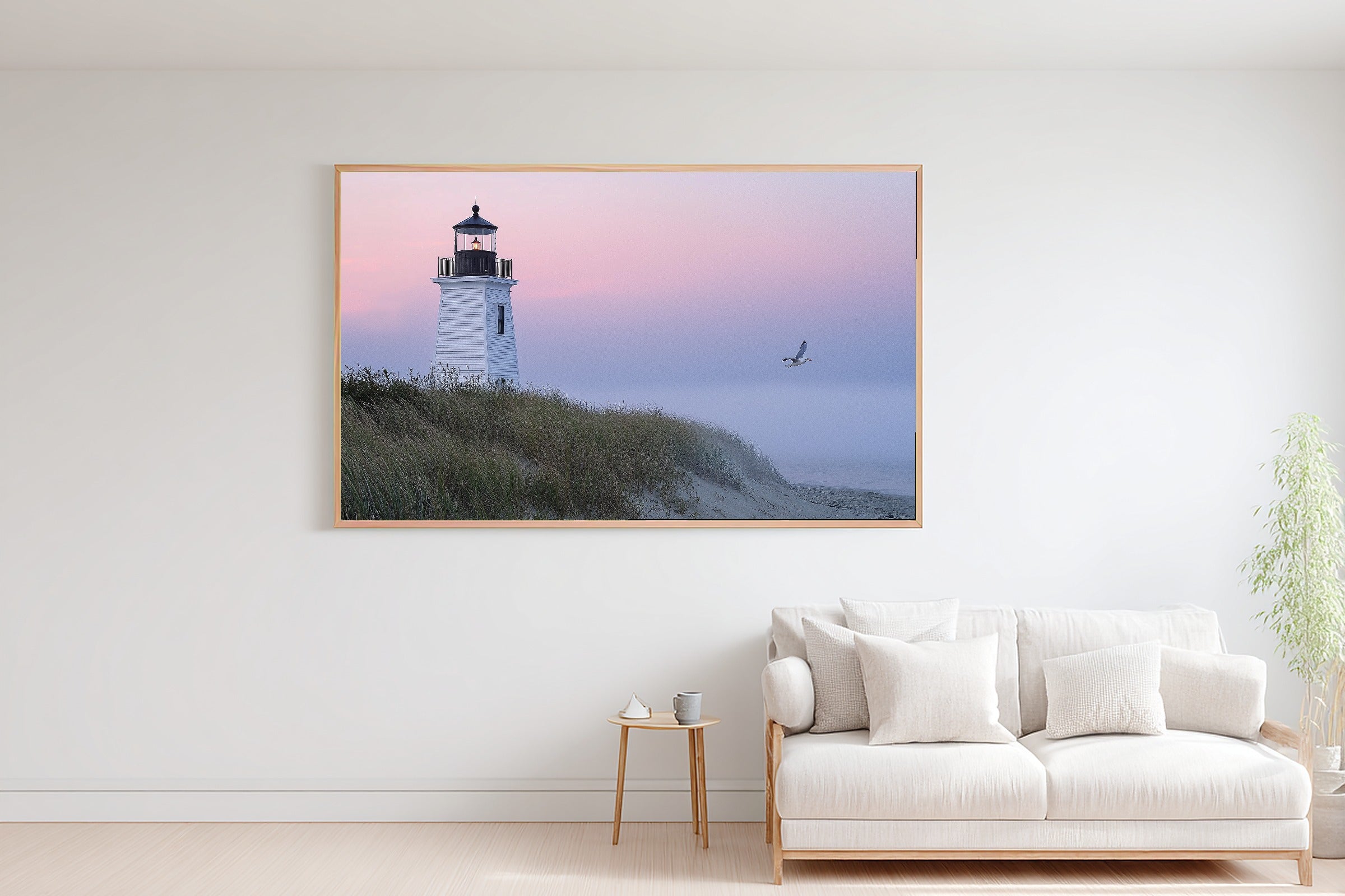 Nantucket Lighthouse Dawn Fog Print on Stretched Canvas — Moody Soft Paradise for the Sunroom, Gift for the Island-Loving Friend — nantucket-lighthouse-dawn-fog-bedroom-wall-art.jpg