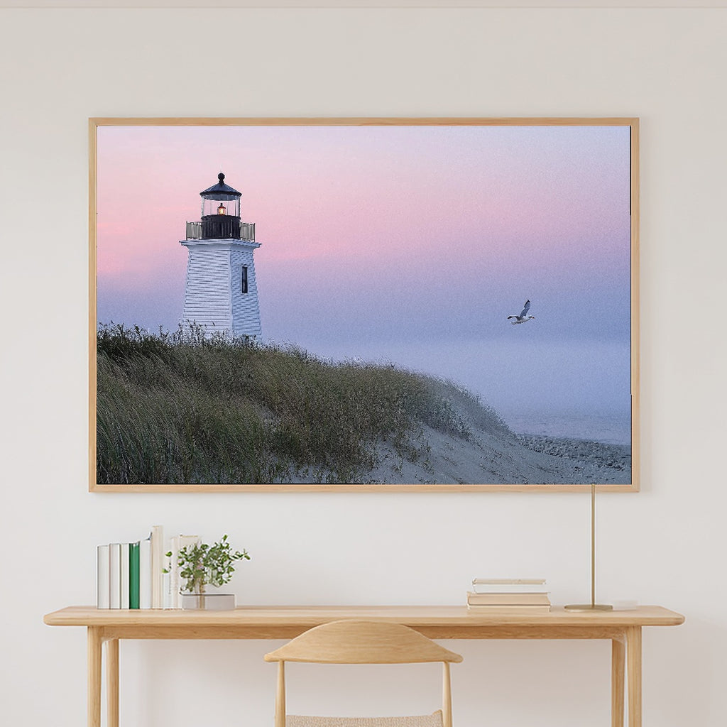Nantucket Lighthouse Dawn Fog Print on Stretched Canvas — Moody Soft Paradise for the Sunroom, Gift for the Island-Loving Friend — nantucket-lighthouse-dawn-fog-canvas-print.jpg