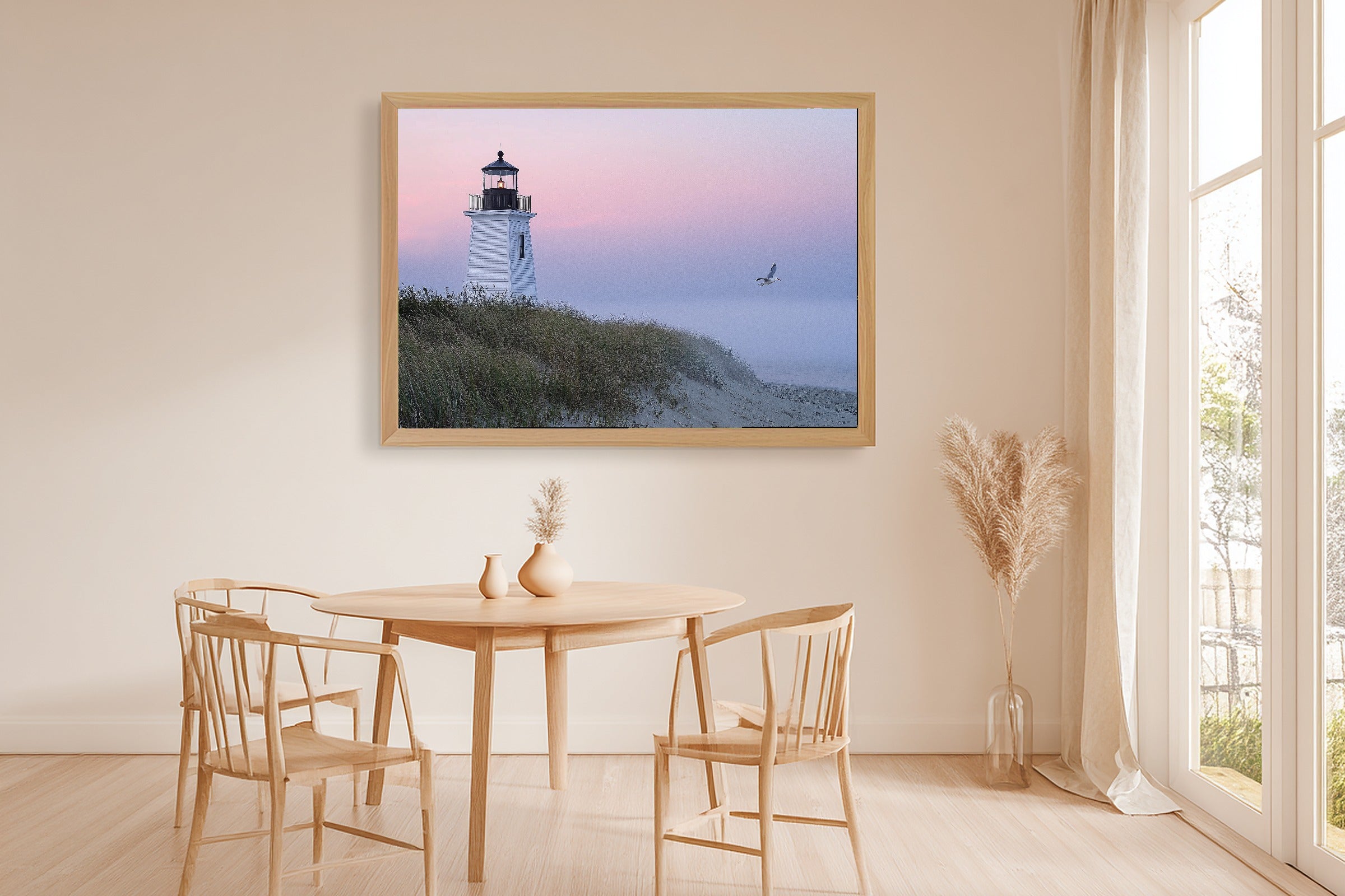 Nantucket Lighthouse Dawn Fog Print on Stretched Canvas — Moody Soft Paradise for the Sunroom, Gift for the Island-Loving Friend — nantucket-lighthouse-dawn-fog-dining-room-wall-art.jpg