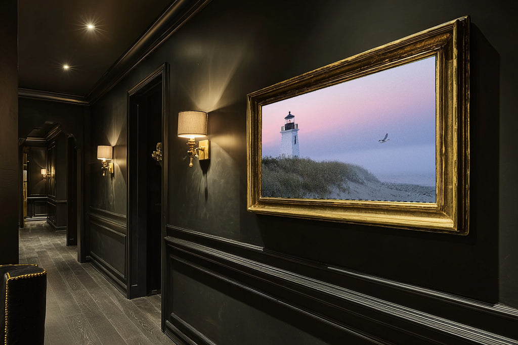 Nantucket Lighthouse Dawn Fog Print on Stretched Canvas — Moody Soft Paradise for the Sunroom, Gift for the Island-Loving Friend — nantucket-lighthouse-dawn-fog-hallway-wall-art.jpg