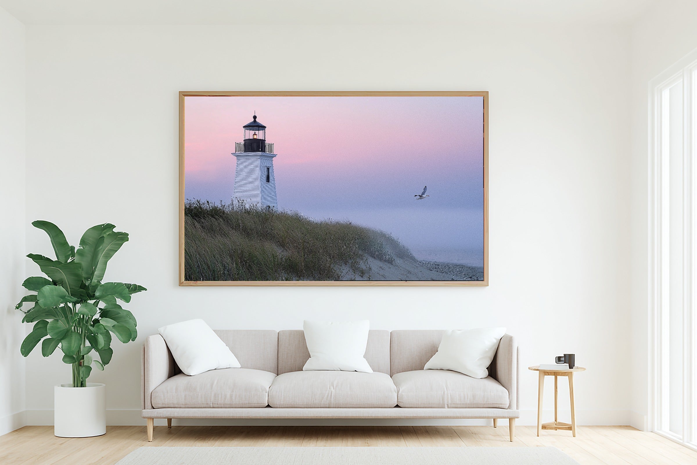 Nantucket Lighthouse Dawn Fog Print on Stretched Canvas — Moody Soft Paradise for the Sunroom, Gift for the Island-Loving Friend — nantucket-lighthouse-dawn-fog-living-room-wall-art.jpg