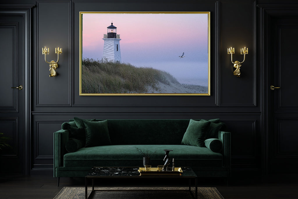 Nantucket Lighthouse Dawn Fog Print on Stretched Canvas — Moody Soft Paradise for the Sunroom, Gift for the Island-Loving Friend — nantucket-lighthouse-dawn-fog-office-wall-art.jpg