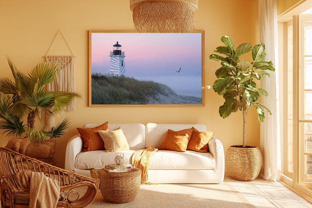 Nantucket Lighthouse Dawn Fog Print on Stretched Canvas — Moody Soft Paradise for the Sunroom, Gift for the Island-Loving Friend — nantucket-lighthouse-dawn-fog-room-5-wall-art.jpg