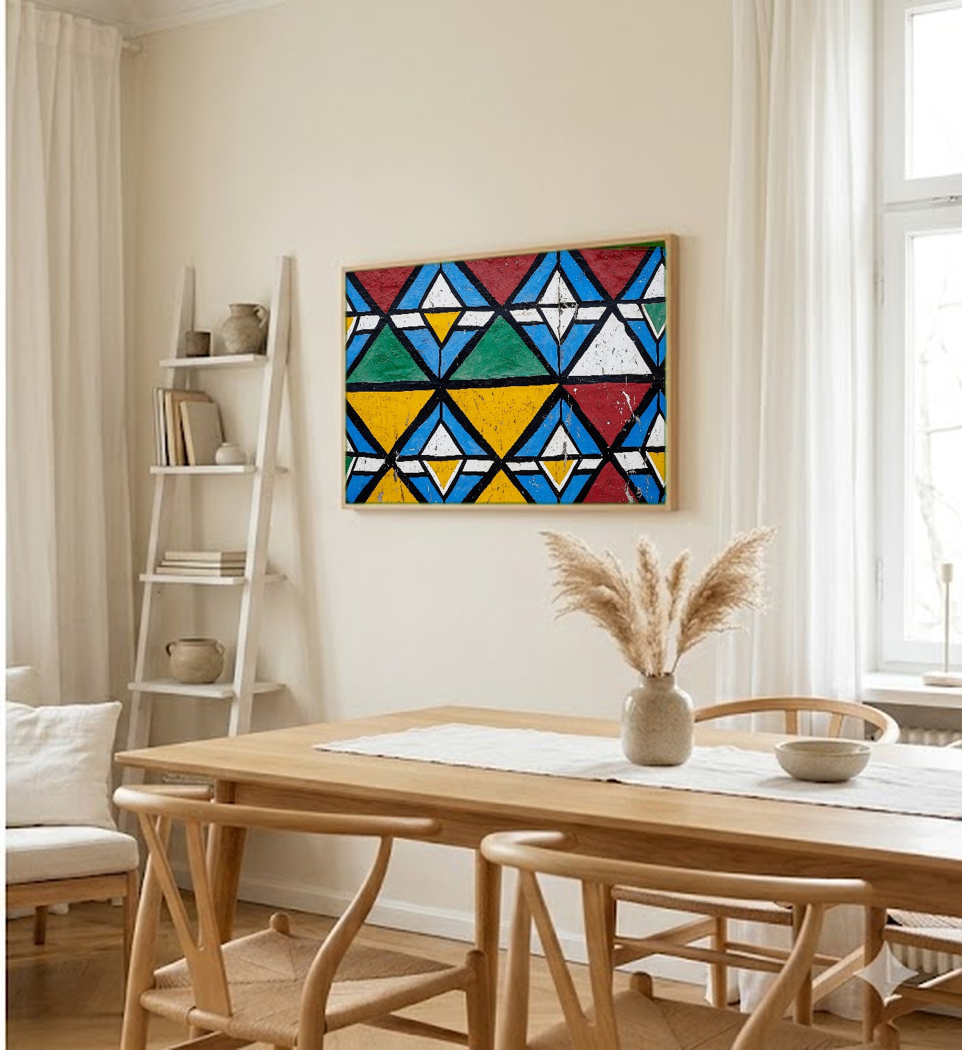 Ndebele Mural Canvas Wall Art | South African Geometric Print, Afrohemian Heritage Decor, Stretched Canvas — ndebele-geometric-mural-dining-room-wall-art.jpg