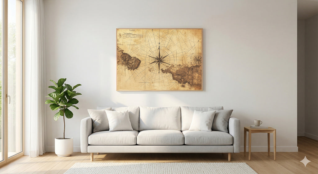 New England Navigation Canvas Wall Art | Antique Coastal Chart Print, Coastal Grandma Decor, Stretched Canvas — new-england-navigation-chart-living-room-wall-art.jpg
