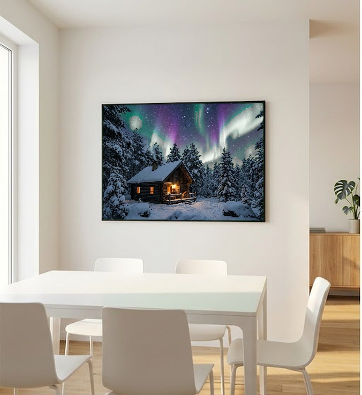 Aurora Cabin Canvas Wall Art - Northern Lights Print, Winter Night, Cozy Decor, Stretched Canvas — bedroom