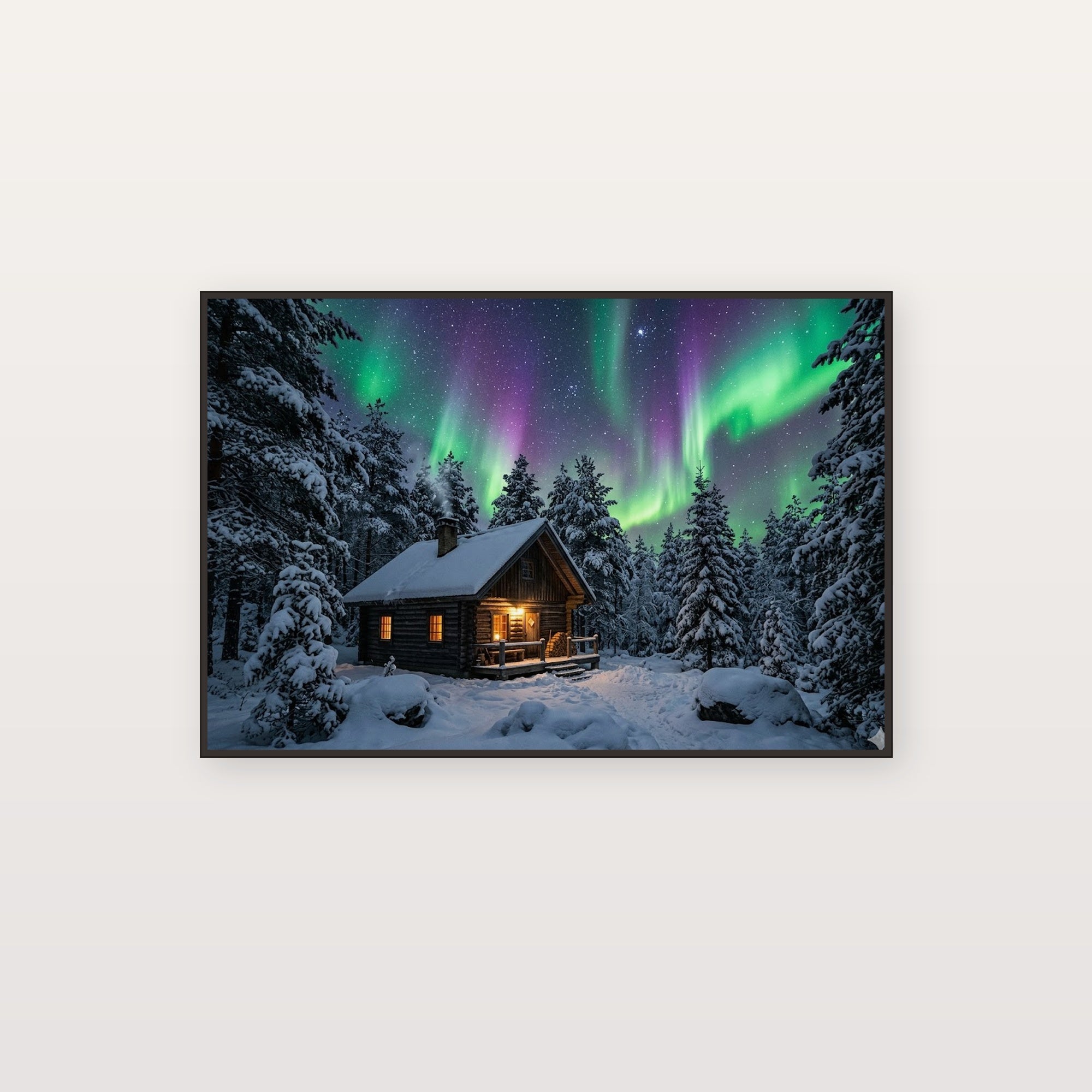 Aurora Cabin Canvas Wall Art - Northern Lights Print, Winter Night, Cozy Decor, Stretched Canvas — canvas print