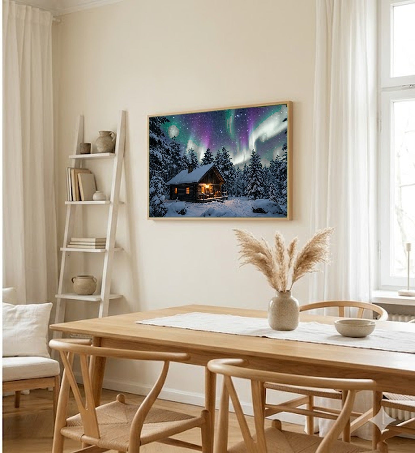 Aurora Cabin Canvas Wall Art - Northern Lights Print, Winter Night, Cozy Decor, Stretched Canvas — dining room