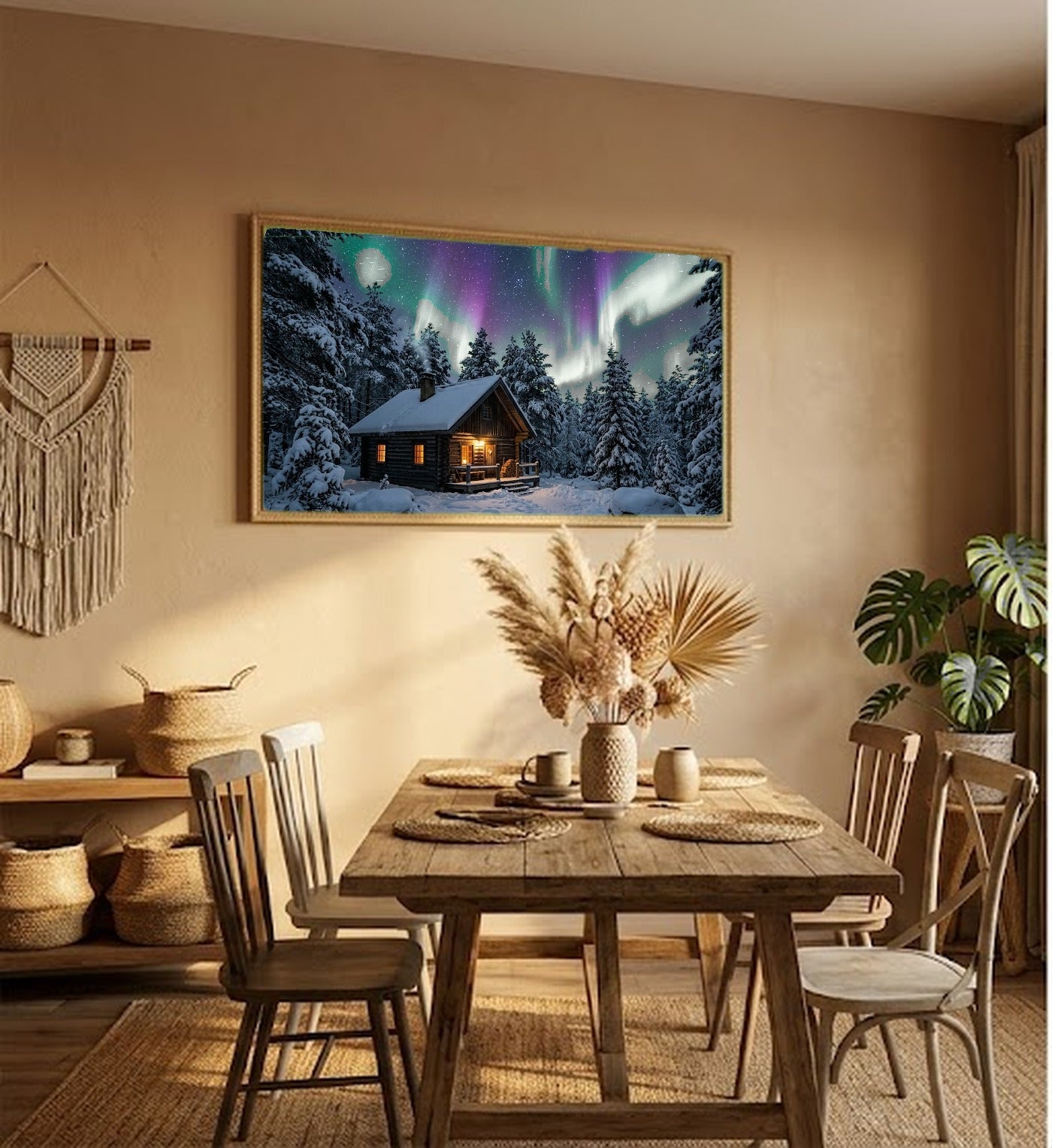 Aurora Cabin Canvas Wall Art - Northern Lights Print, Winter Night, Cozy Decor, Stretched Canvas — hallway