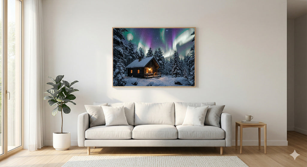 Aurora Cabin Canvas Wall Art - Northern Lights Print, Winter Night, Cozy Decor, Stretched Canvas — living room