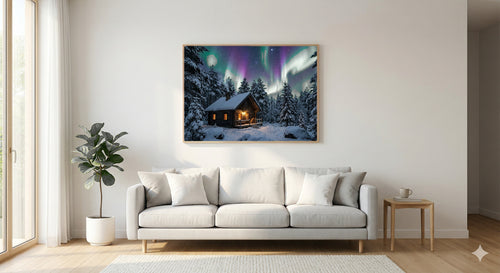 Aurora Cabin Canvas Wall Art - Northern Lights Print, Winter Night, Cozy Decor, Stretched Canvas — living room