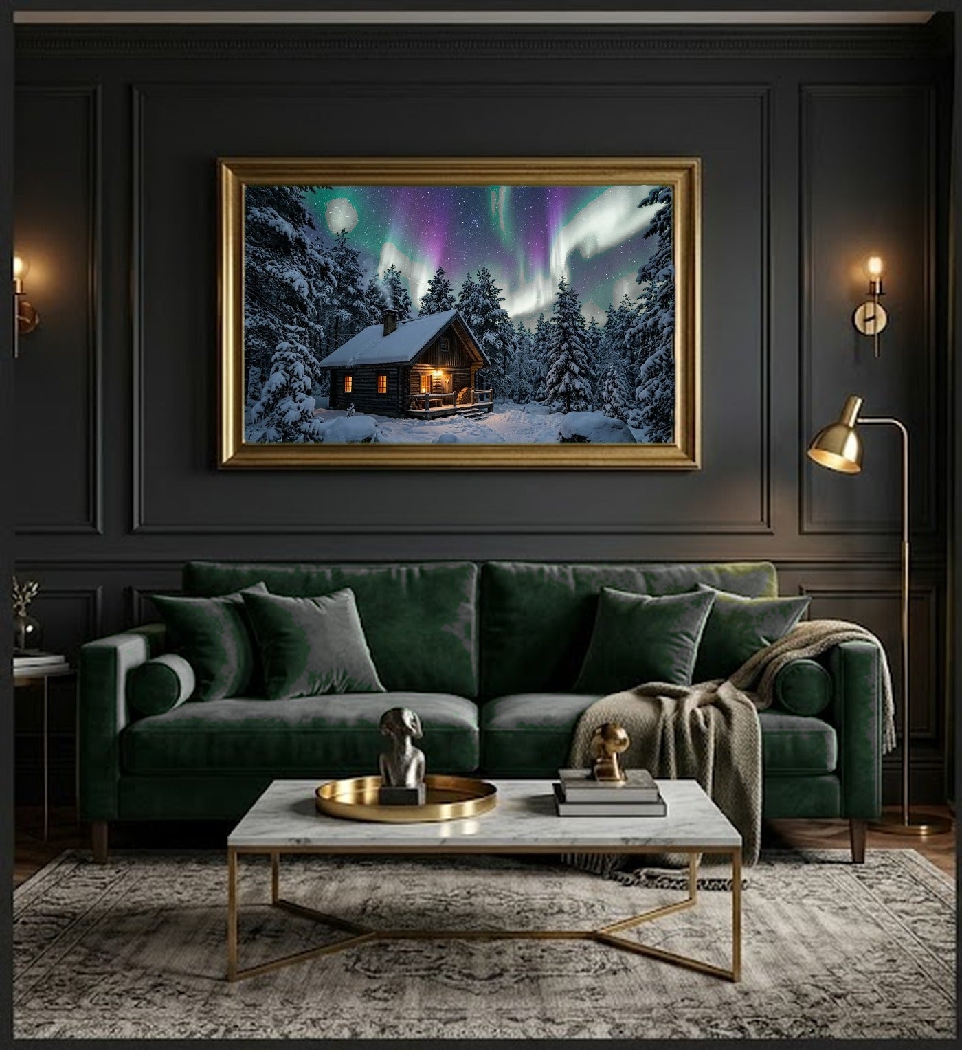 Aurora Cabin Canvas Wall Art - Northern Lights Print, Winter Night, Cozy Decor, Stretched Canvas — office