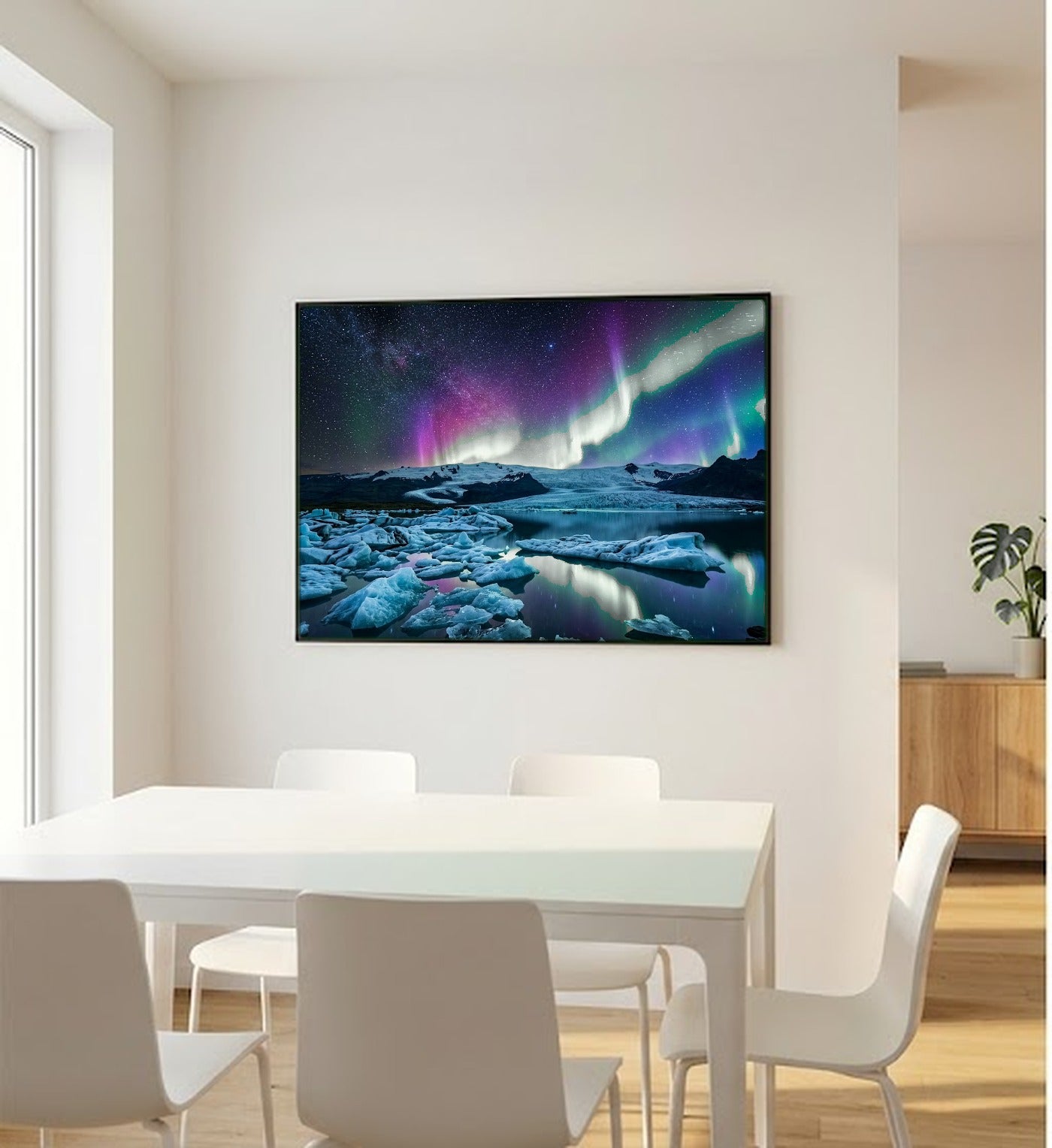 Aurora Iceland Canvas Wall Art - Glacier Lagoon Print, Northern Lights, Ice Art, Stretched Canvas — bedroom