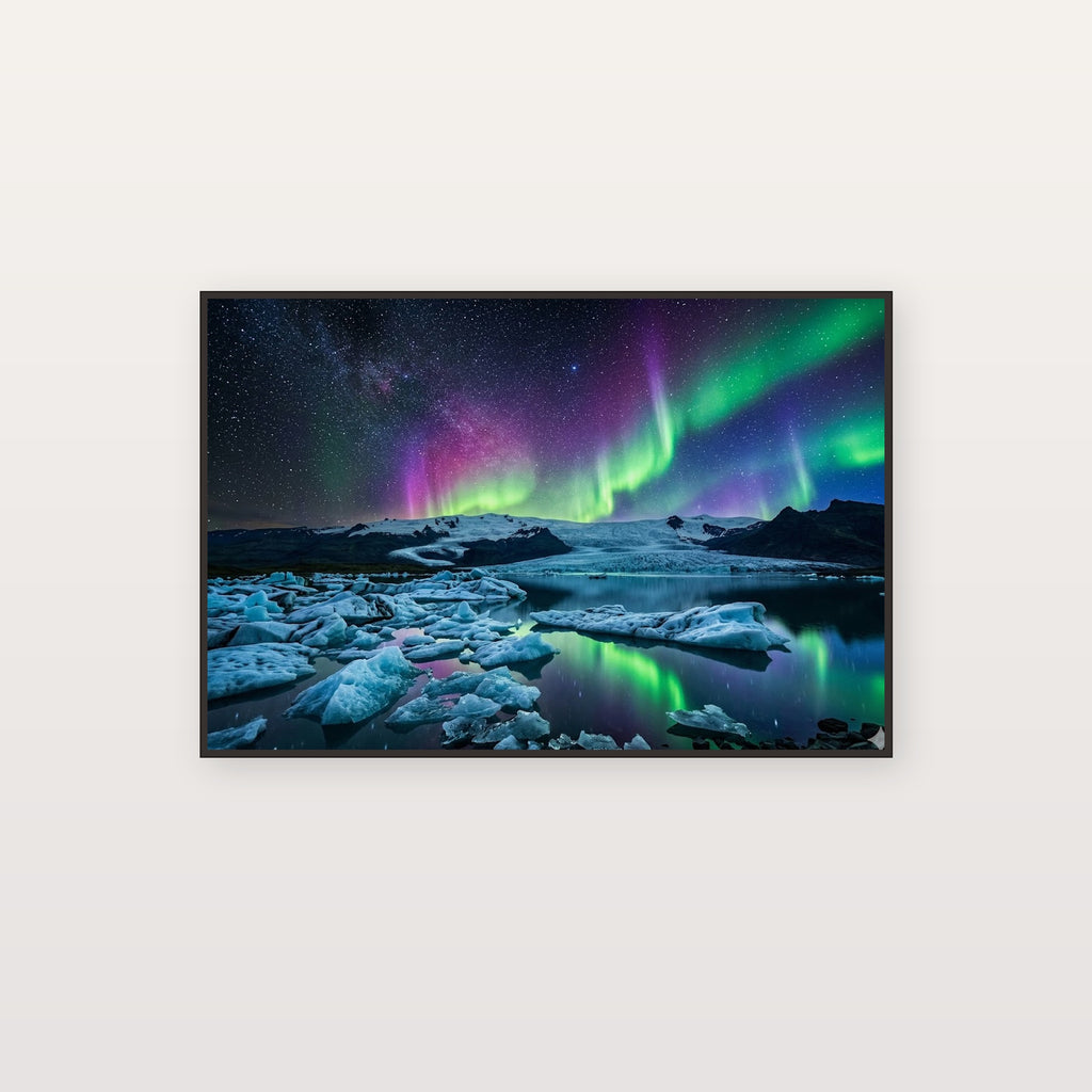 Aurora Iceland Canvas Wall Art - Glacier Lagoon Print, Northern Lights, Ice Art, Stretched Canvas — canvas print