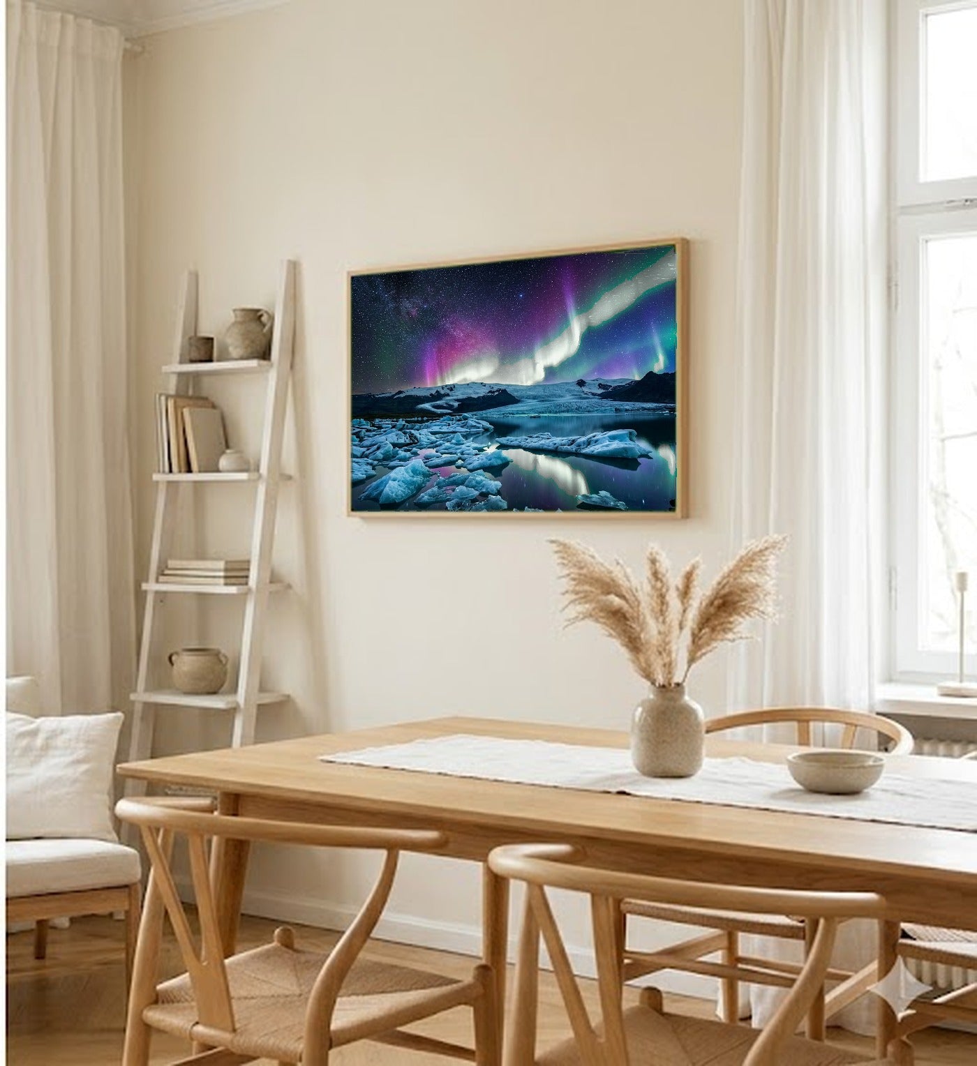 Aurora Iceland Canvas Wall Art - Glacier Lagoon Print, Northern Lights, Ice Art, Stretched Canvas — dining room