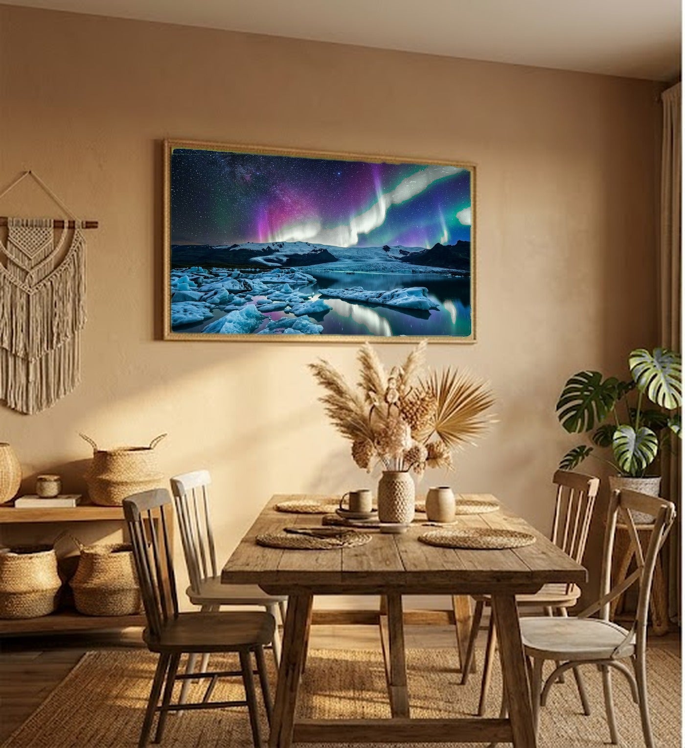 Aurora Iceland Canvas Wall Art - Glacier Lagoon Print, Northern Lights, Ice Art, Stretched Canvas — hallway