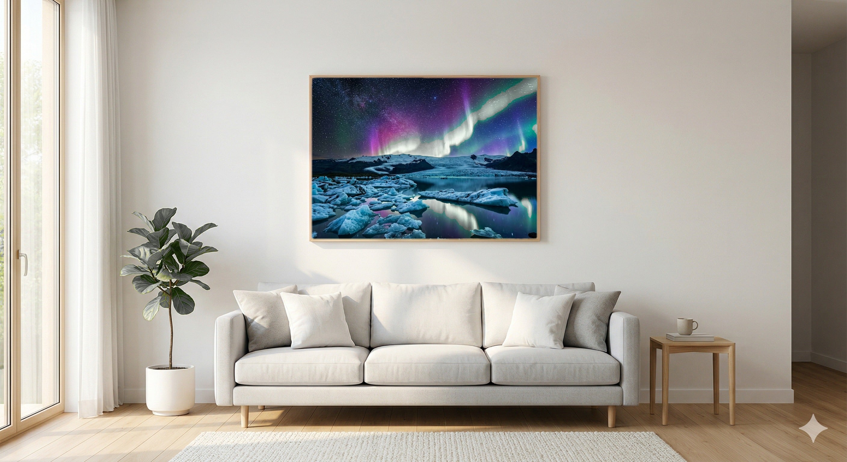 Aurora Iceland Canvas Wall Art - Glacier Lagoon Print, Northern Lights, Ice Art, Stretched Canvas — living room