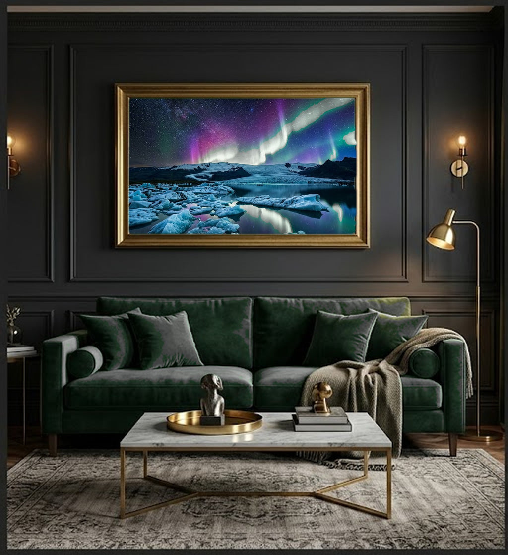 Aurora Iceland Canvas Wall Art - Glacier Lagoon Print, Northern Lights, Ice Art, Stretched Canvas — office