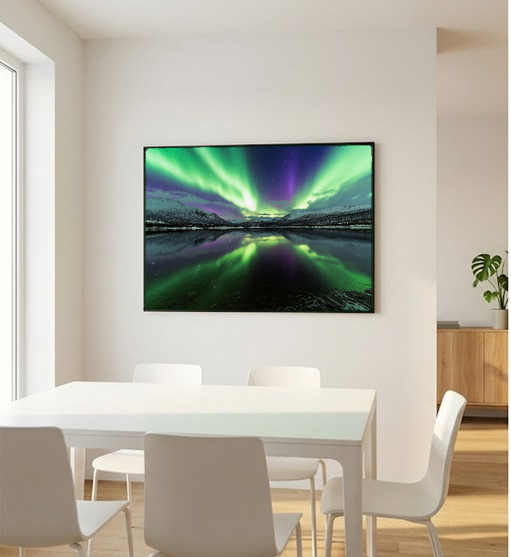 Northern Lights Reflection Canvas Wall Art | Aurora Lake Print, Nordic Decor, Night Art, Stretched Canvas — northern-lights-reflection-bedroom-wall-art.jpg