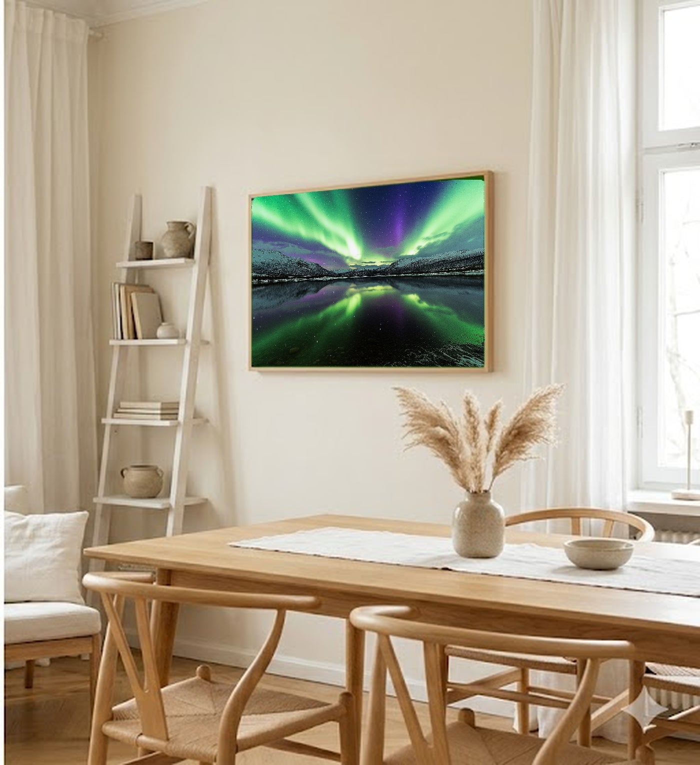 Northern Lights Reflection Canvas Wall Art | Aurora Lake Print, Nordic Decor, Night Art, Stretched Canvas — northern-lights-reflection-dining-room-wall-art.jpg