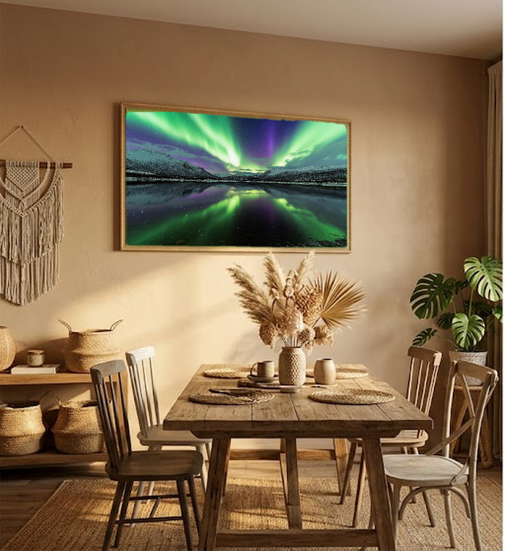 Northern Lights Reflection Canvas Wall Art | Aurora Lake Print, Nordic Decor, Night Art, Stretched Canvas — northern-lights-reflection-hallway-wall-art.jpg