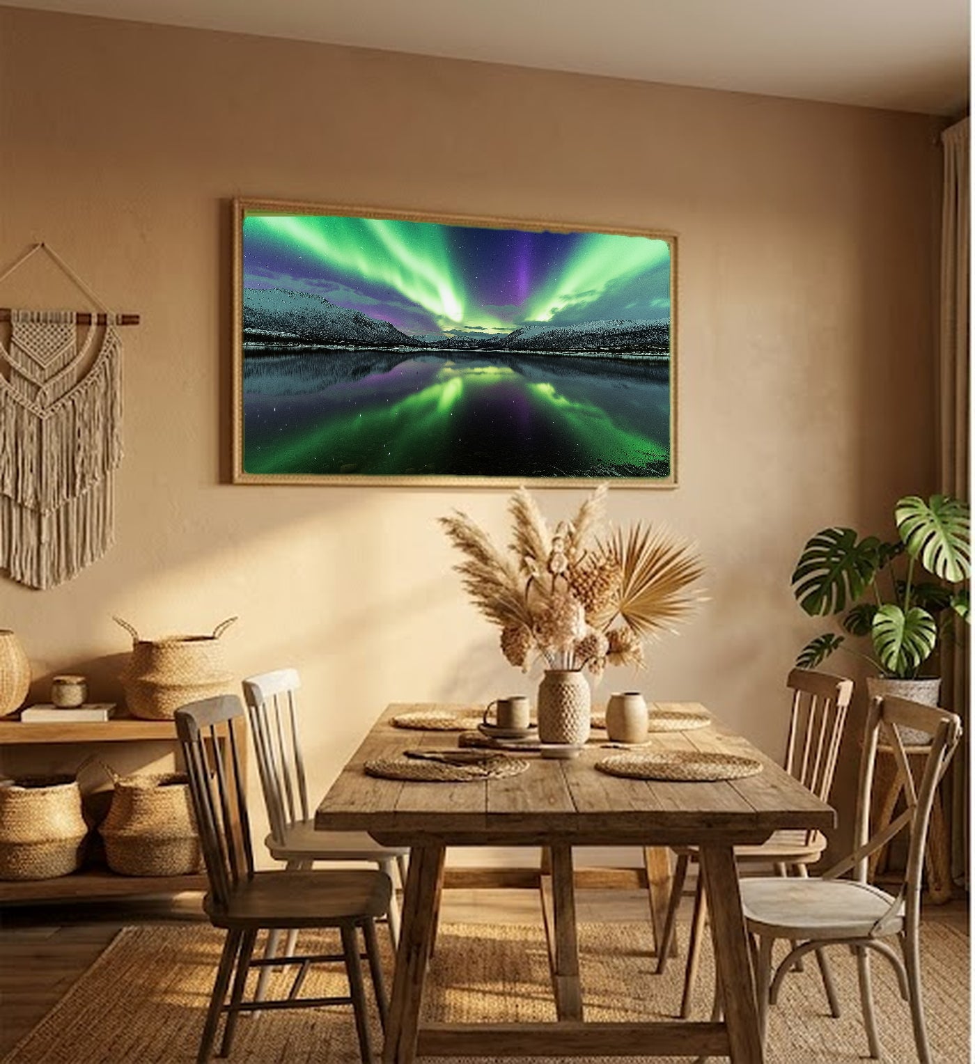 Northern Lights Reflection Canvas Wall Art | Aurora Lake Print, Nordic Decor, Night Art, Stretched Canvas — northern-lights-reflection-hallway-wall-art.jpg