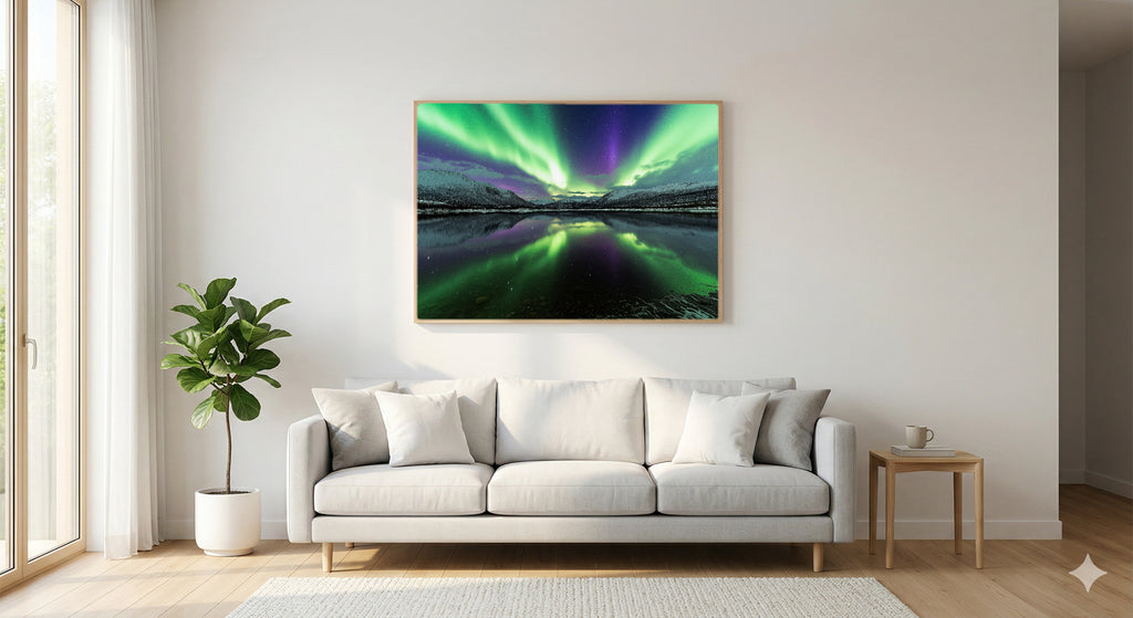 Northern Lights Reflection Canvas Wall Art | Aurora Lake Print, Nordic Decor, Night Art, Stretched Canvas — northern-lights-reflection-living-room-wall-art.jpg