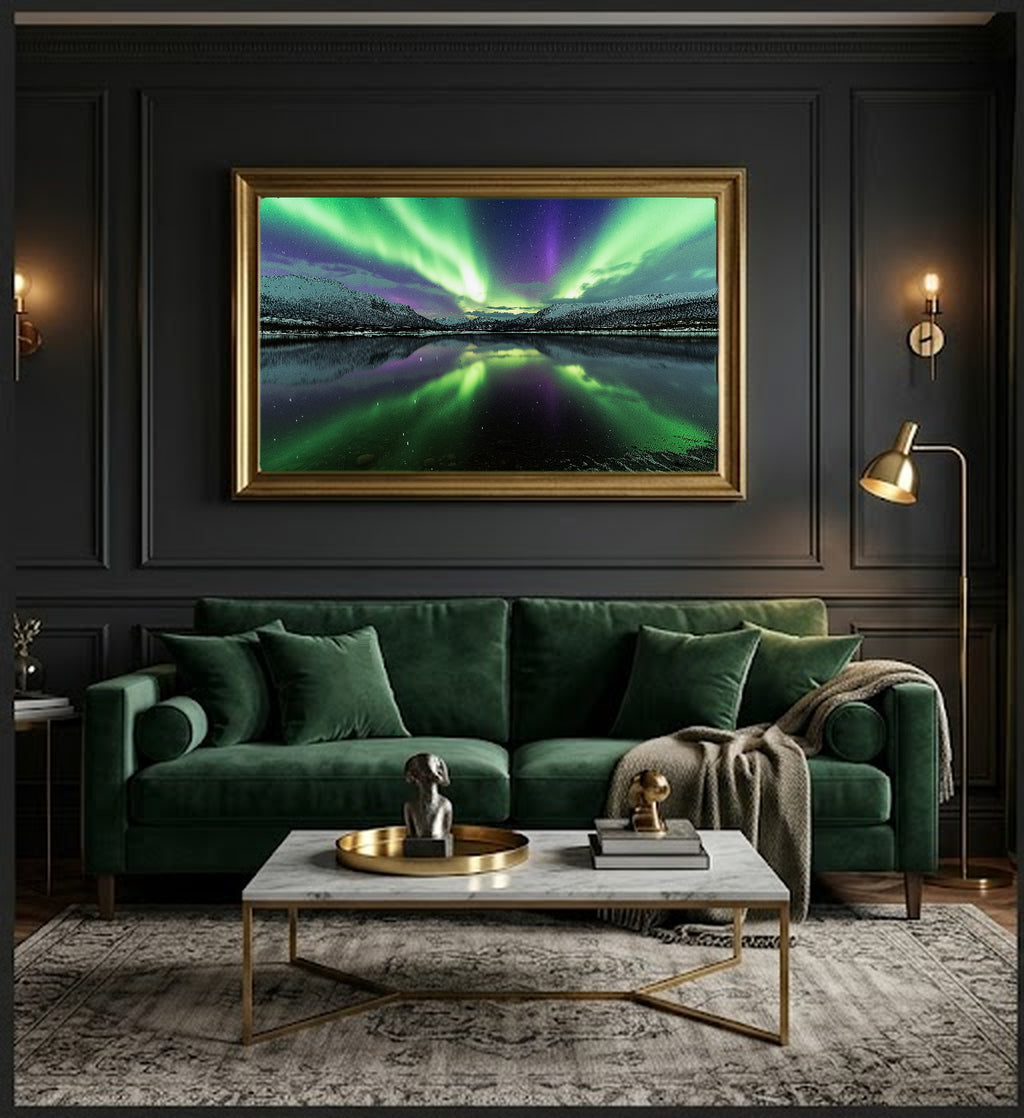 Northern Lights Reflection Canvas Wall Art | Aurora Lake Print, Nordic Decor, Night Art, Stretched Canvas — northern-lights-reflection-office-wall-art.jpg