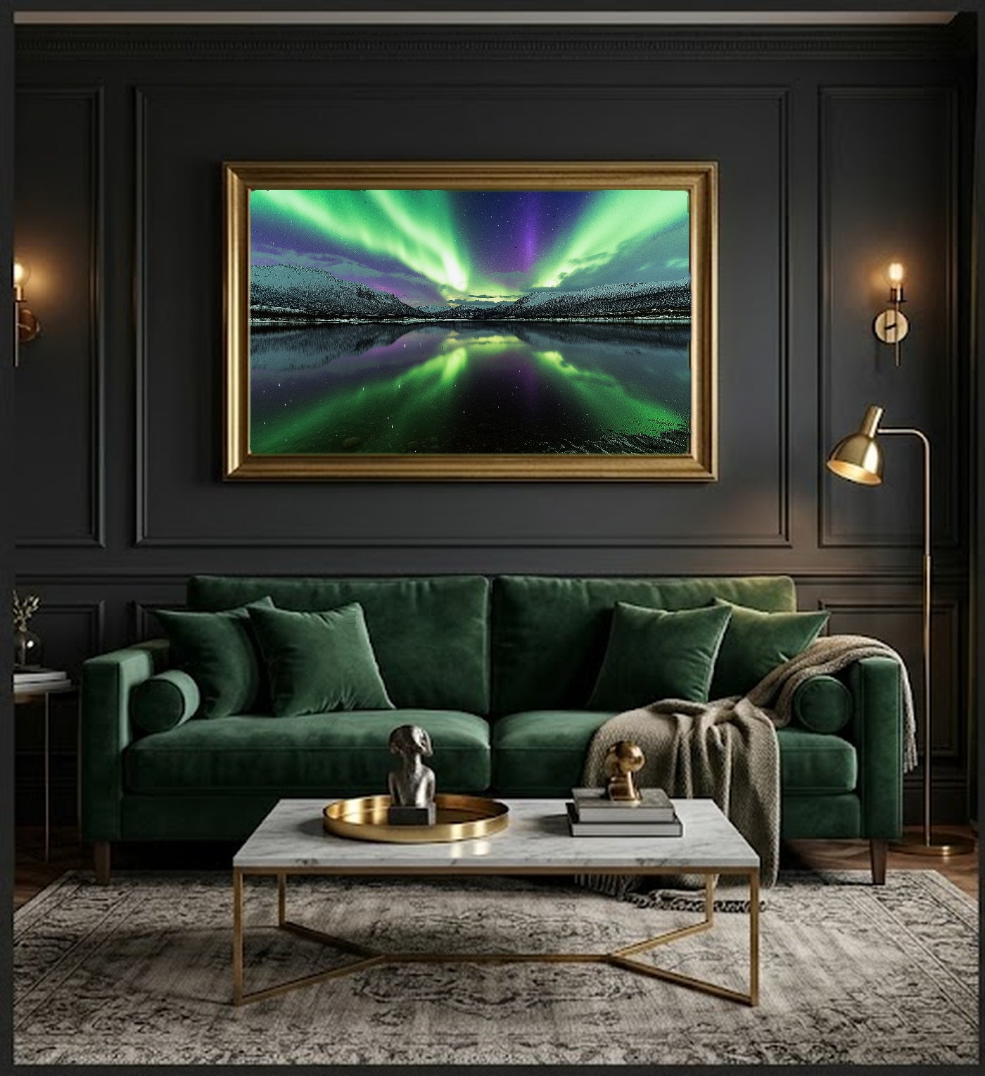 Northern Lights Reflection Canvas Wall Art | Aurora Lake Print, Nordic Decor, Night Art, Stretched Canvas — northern-lights-reflection-office-wall-art.jpg