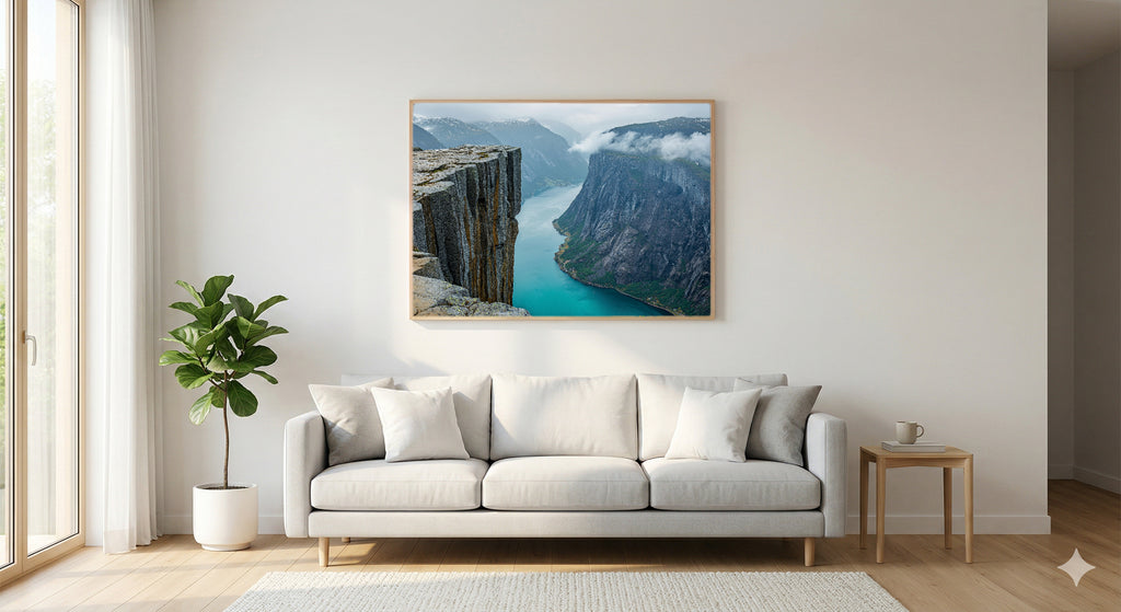 Preikestolen Canvas Wall Art | Norway Cliff Print, Dramatic Fjord, Adventure Decor, Stretched Canvas — norway-preikestolen-cliff-living-room-wall-art.jpg