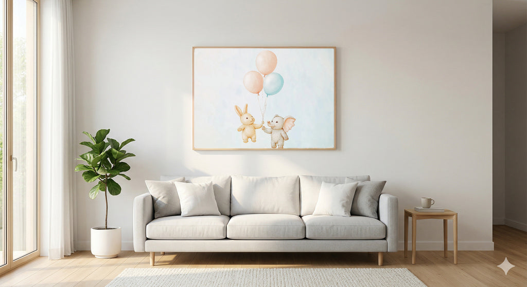 Balloon Animal Canvas Wall Art | Nursery Watercolor Print, Baby Room Decor, Stretched Canvas — nursery-balloon-animals-living-room-wall-art.jpg