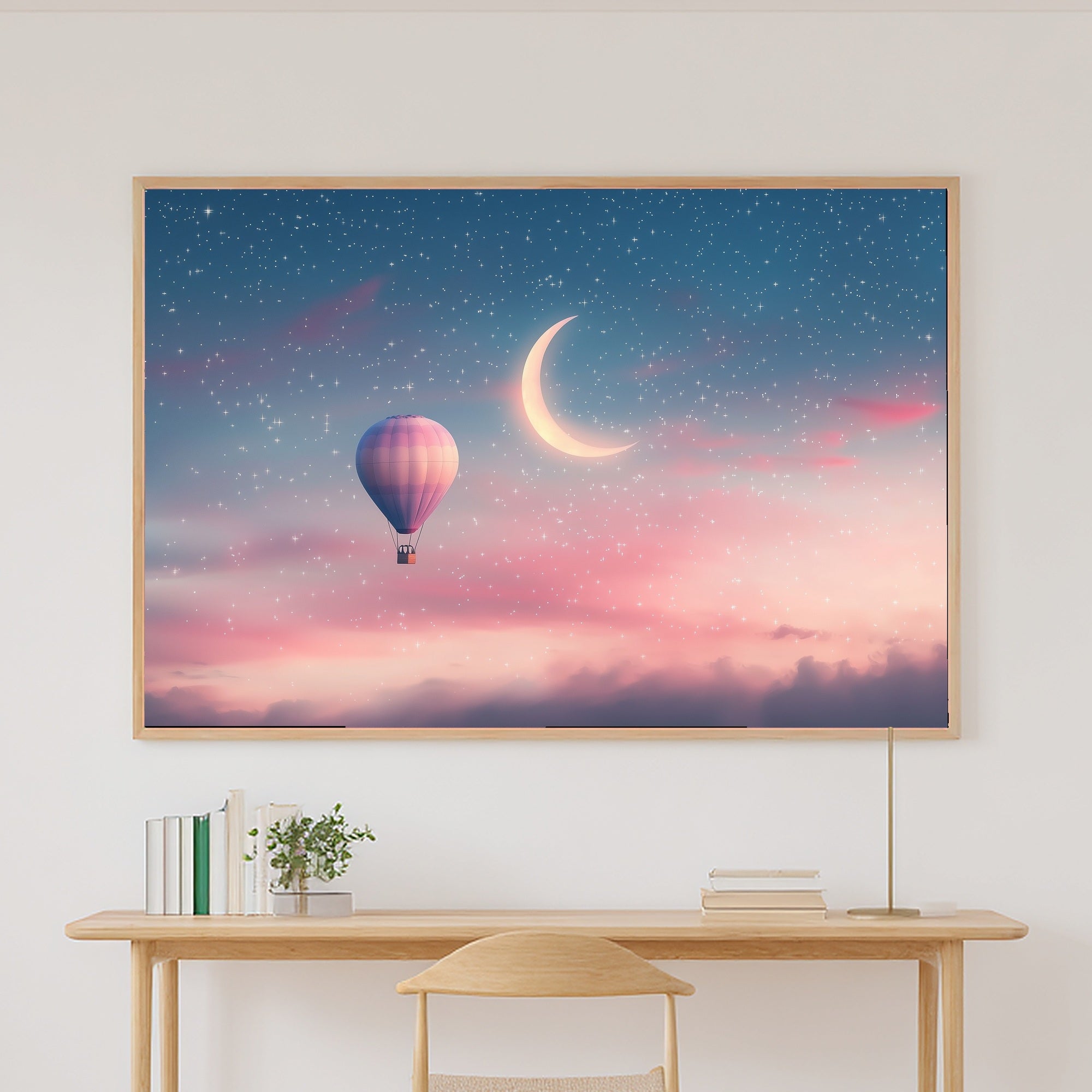 Nursery Balloon Moon Crescent Dream Stretched Canvas Print, Dreamy Pastel Nursery Decor Art Print, Above-the-Kids Bedroom Decor — nursery-balloon-moon-crescent-dream-canvas-print.jpg