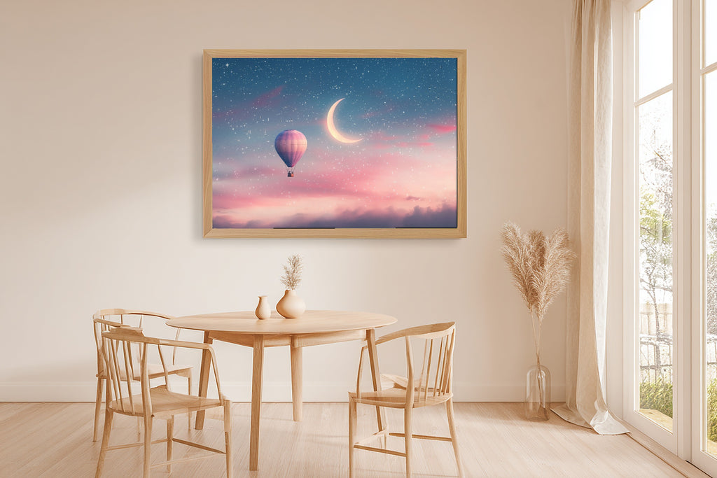 Nursery Balloon Moon Crescent Dream Stretched Canvas Print, Dreamy Pastel Nursery Decor Art Print, Above-the-Kids Bedroom Decor — nursery-balloon-moon-crescent-dream-dining-room-wall-art.jpg