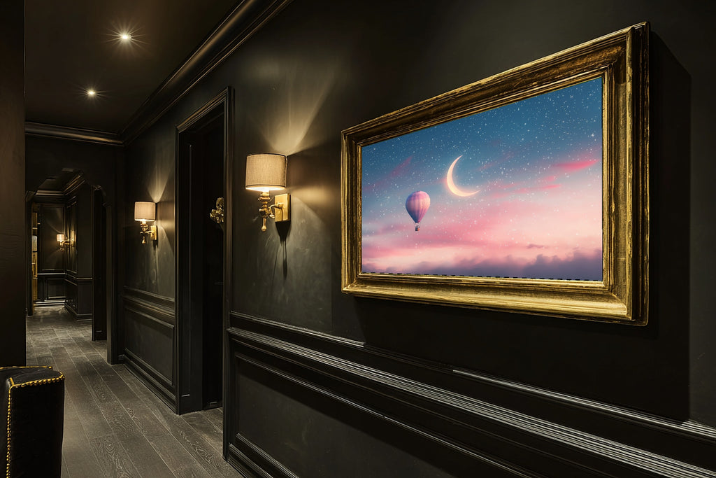 Nursery Balloon Moon Crescent Dream Stretched Canvas Print, Dreamy Pastel Nursery Decor Art Print, Above-the-Kids Bedroom Decor — nursery-balloon-moon-crescent-dream-hallway-wall-art.jpg