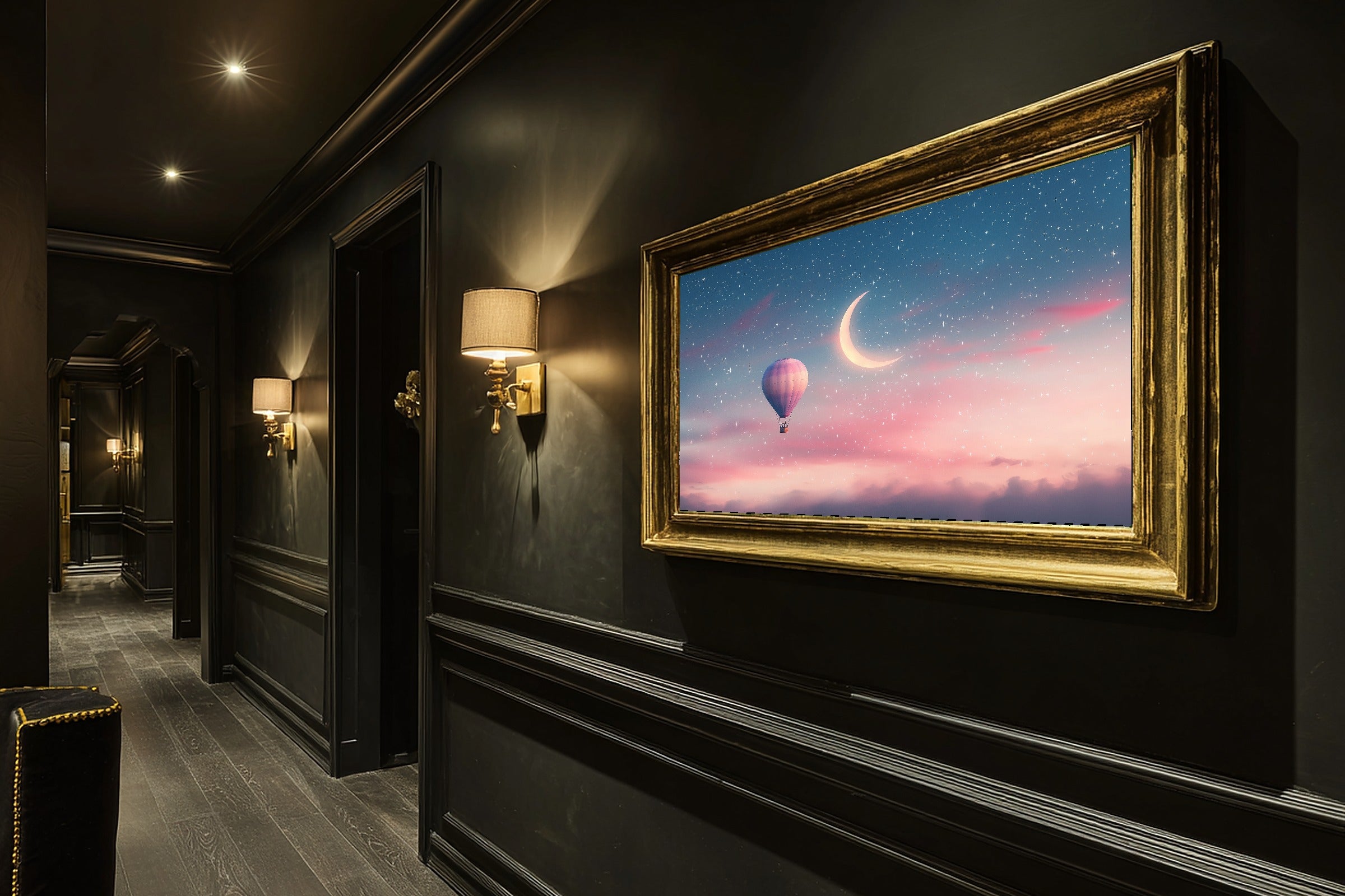 Nursery Balloon Moon Crescent Dream Stretched Canvas Print, Dreamy Pastel Nursery Decor Art Print, Above-the-Kids Bedroom Decor — nursery-balloon-moon-crescent-dream-hallway-wall-art.jpg
