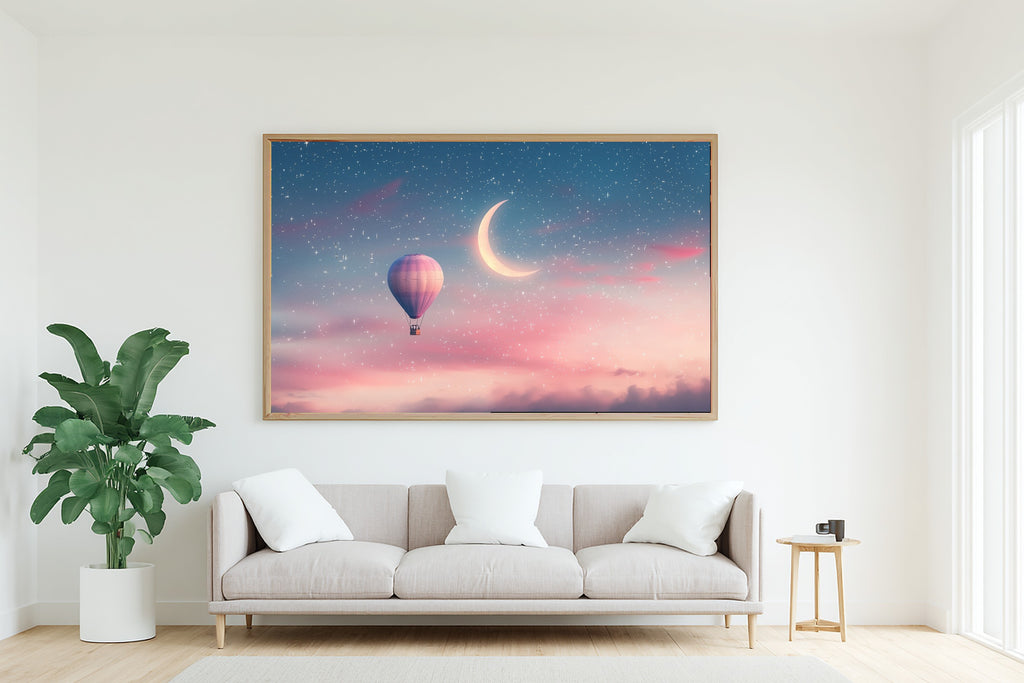 Nursery Balloon Moon Crescent Dream Stretched Canvas Print, Dreamy Pastel Nursery Decor Art Print, Above-the-Kids Bedroom Decor — nursery-balloon-moon-crescent-dream-living-room-wall-art.jpg