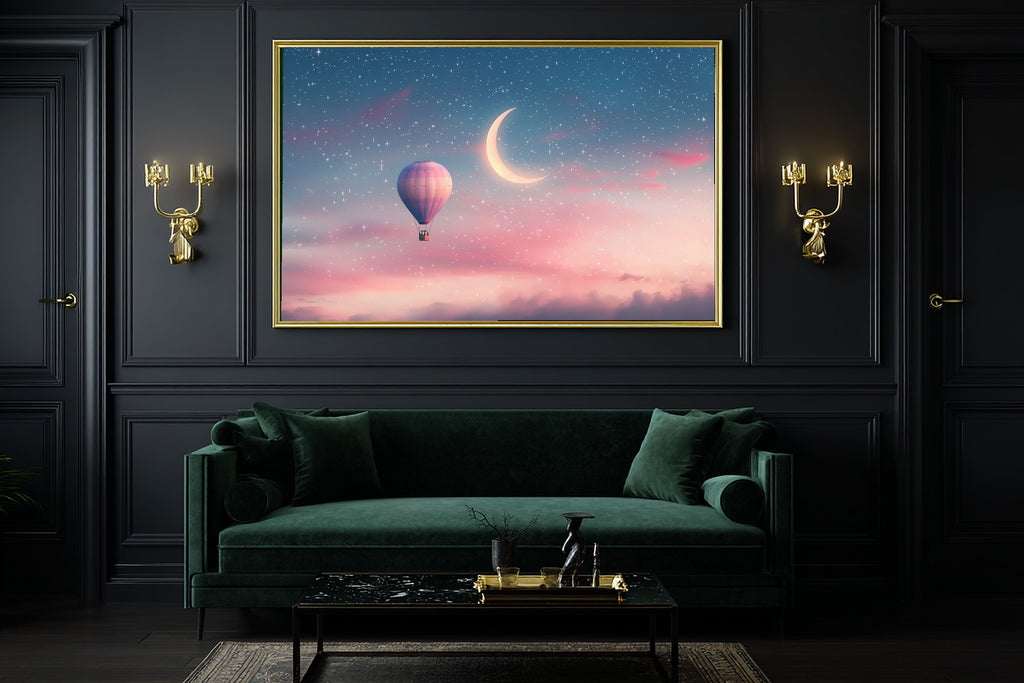 Nursery Balloon Moon Crescent Dream Stretched Canvas Print, Dreamy Pastel Nursery Decor Art Print, Above-the-Kids Bedroom Decor — nursery-balloon-moon-crescent-dream-office-wall-art.jpg