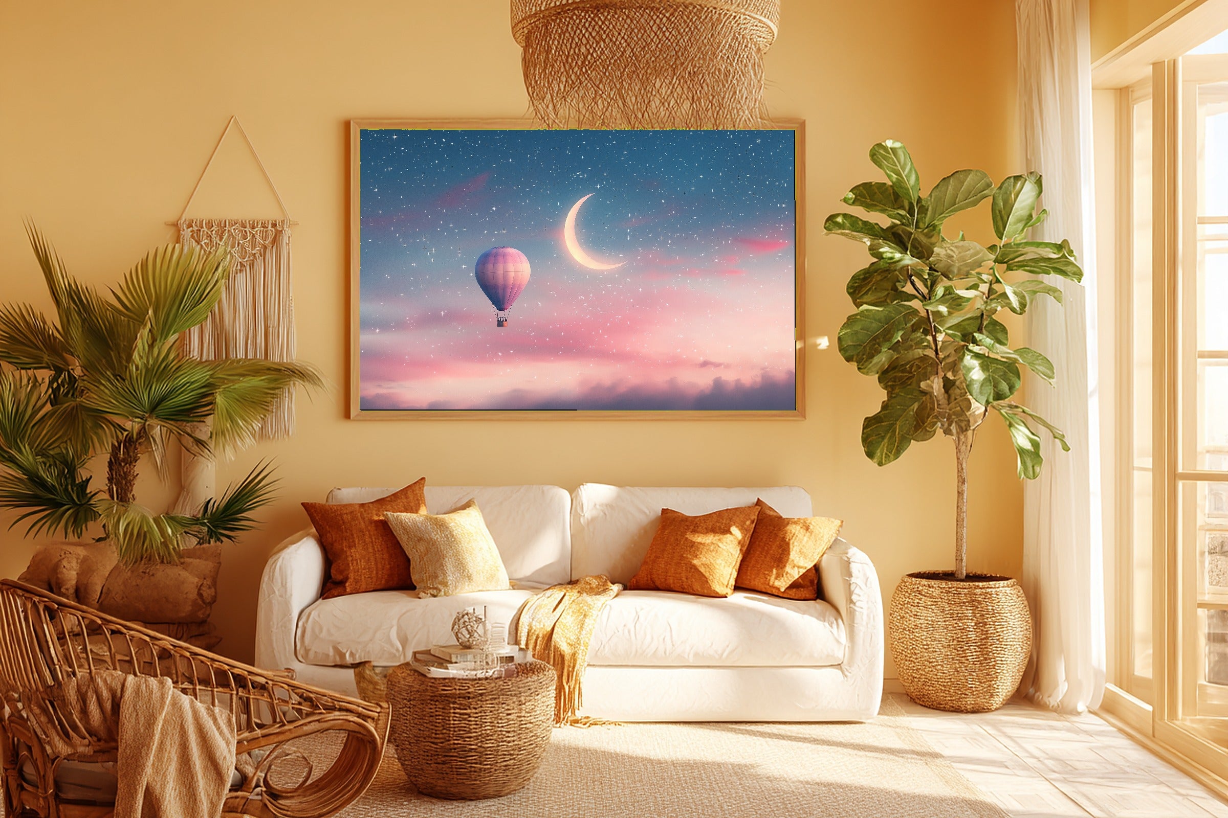 Nursery Balloon Moon Crescent Dream Stretched Canvas Print, Dreamy Pastel Nursery Decor Art Print, Above-the-Kids Bedroom Decor — nursery-balloon-moon-crescent-dream-room-5-wall-art.jpg