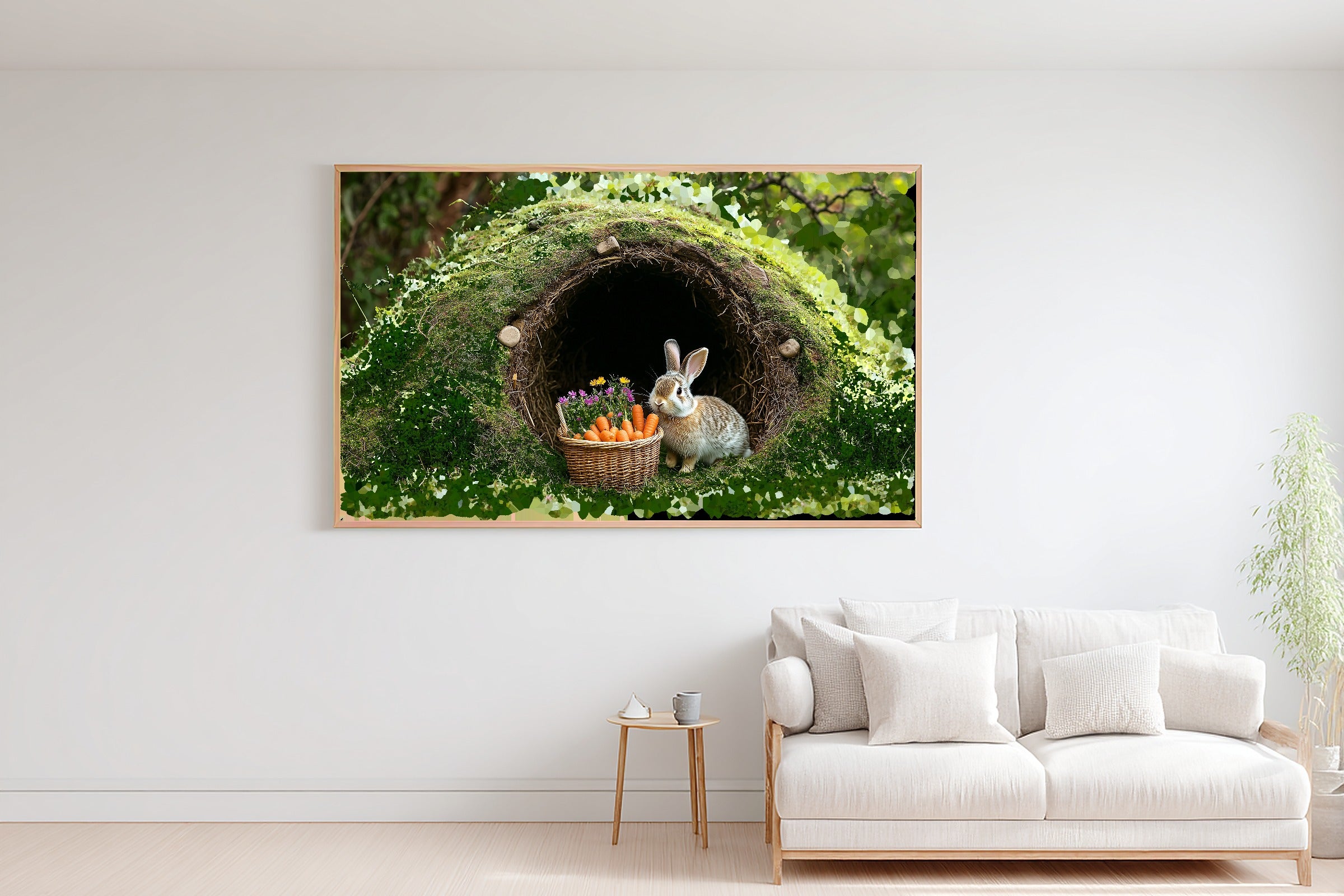 Nursery Bunny Burrow Carrot Basket Print on Stretched Canvas, Heartfelt Cozy Studio for the Living Room, Gift for the Art Lover in Your Life — nursery-bunny-burrow-carrot-basket-bedroom-wall-art.jpg