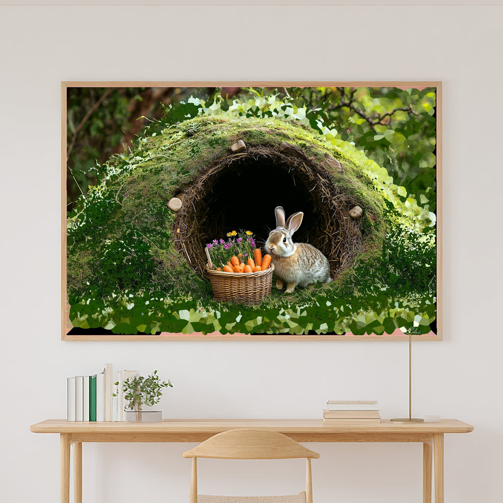 Nursery Bunny Burrow Carrot Basket Print on Stretched Canvas, Heartfelt Cozy Studio for the Living Room, Gift for the Art Lover in Your Life — nursery-bunny-burrow-carrot-basket-canvas-print.jpg