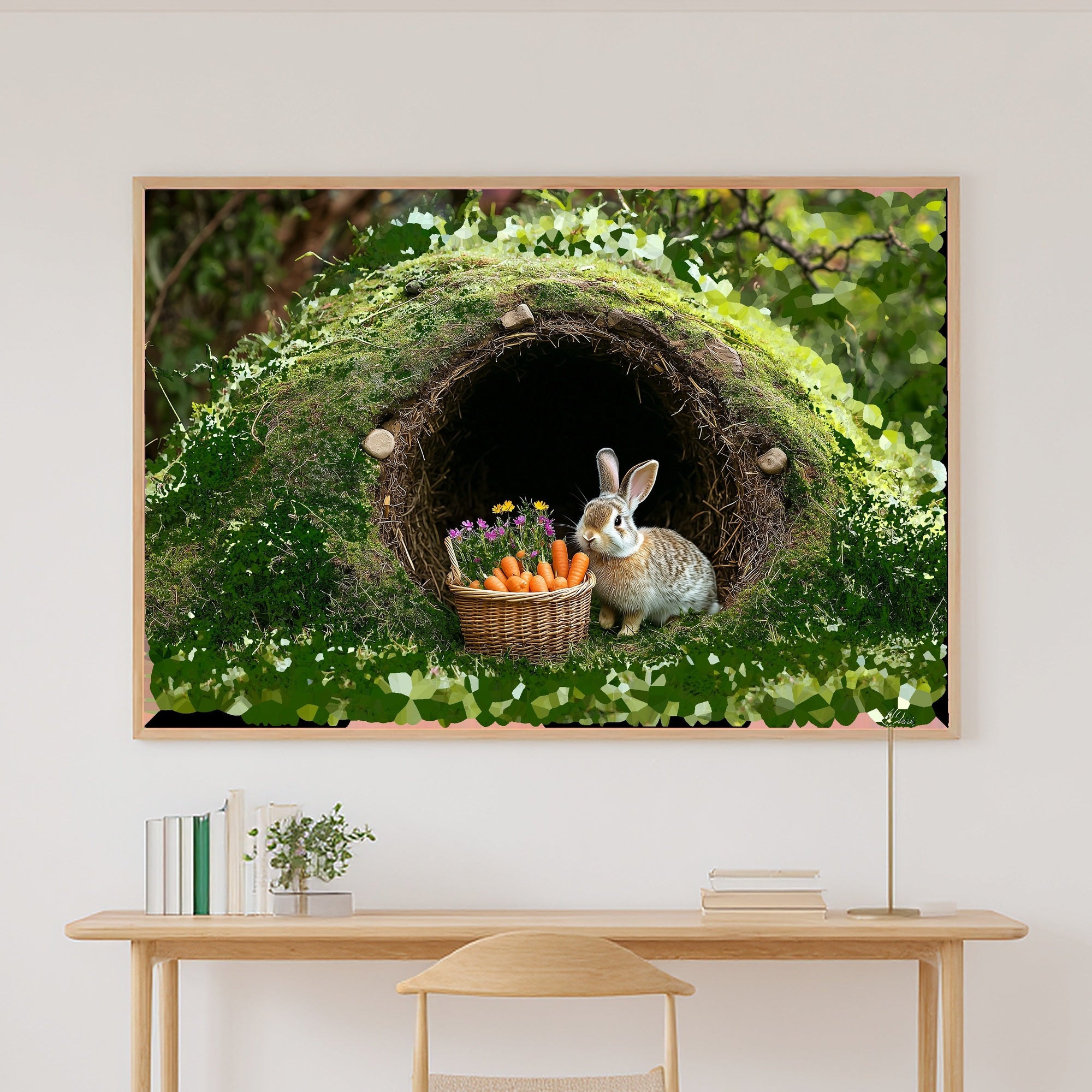 Nursery Bunny Burrow Carrot Basket Print on Stretched Canvas, Heartfelt Cozy Studio for the Living Room, Gift for the Art Lover in Your Life — nursery-bunny-burrow-carrot-basket-canvas-print.jpg