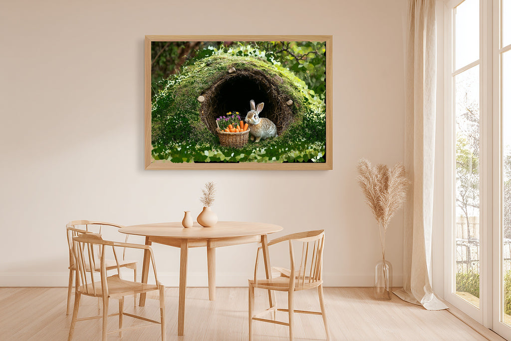 Nursery Bunny Burrow Carrot Basket Print on Stretched Canvas, Heartfelt Cozy Studio for the Living Room, Gift for the Art Lover in Your Life — nursery-bunny-burrow-carrot-basket-dining-room-wall-art.jpg