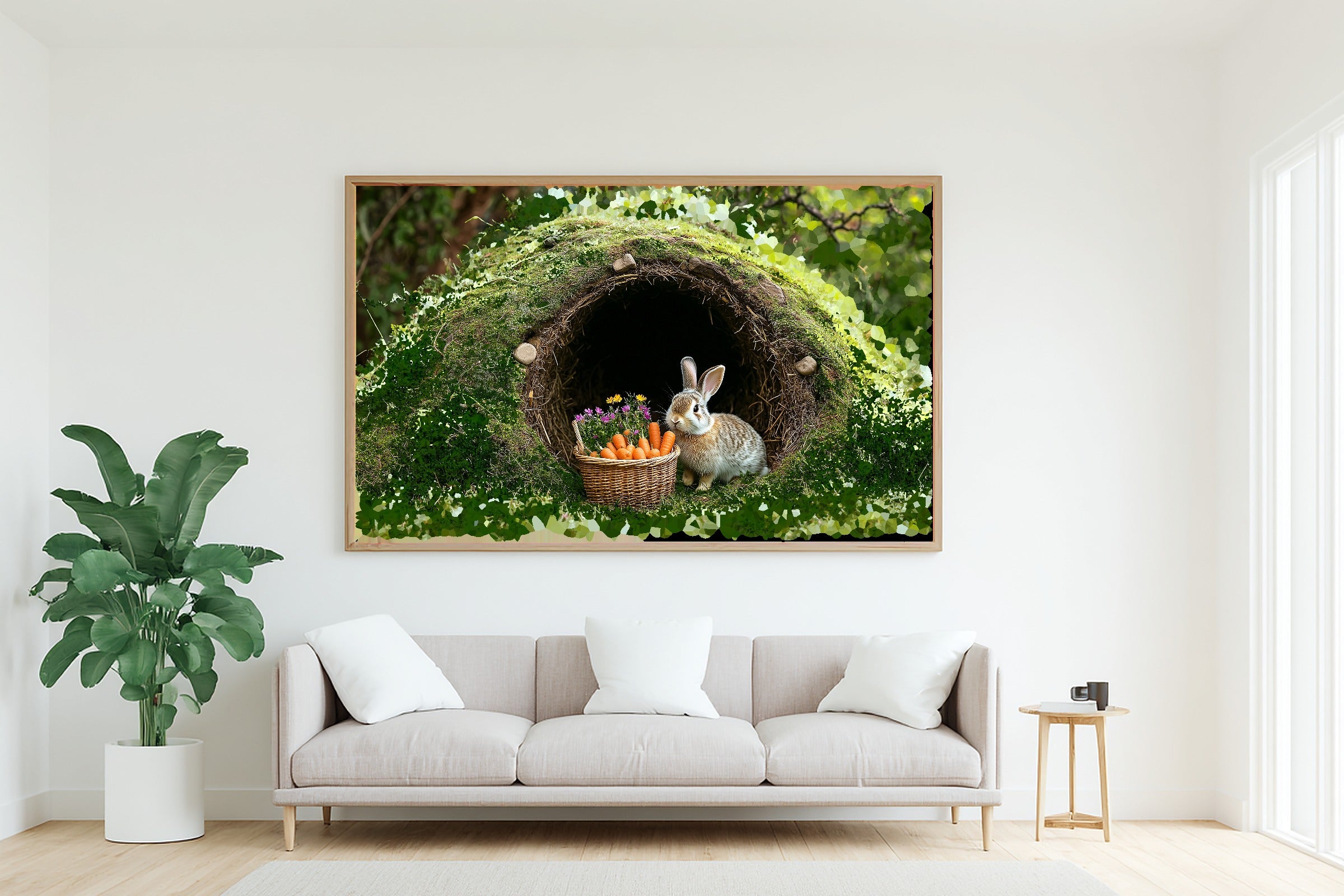 Nursery Bunny Burrow Carrot Basket Print on Stretched Canvas, Heartfelt Cozy Studio for the Living Room, Gift for the Art Lover in Your Life — nursery-bunny-burrow-carrot-basket-living-room-wall-art.jpg