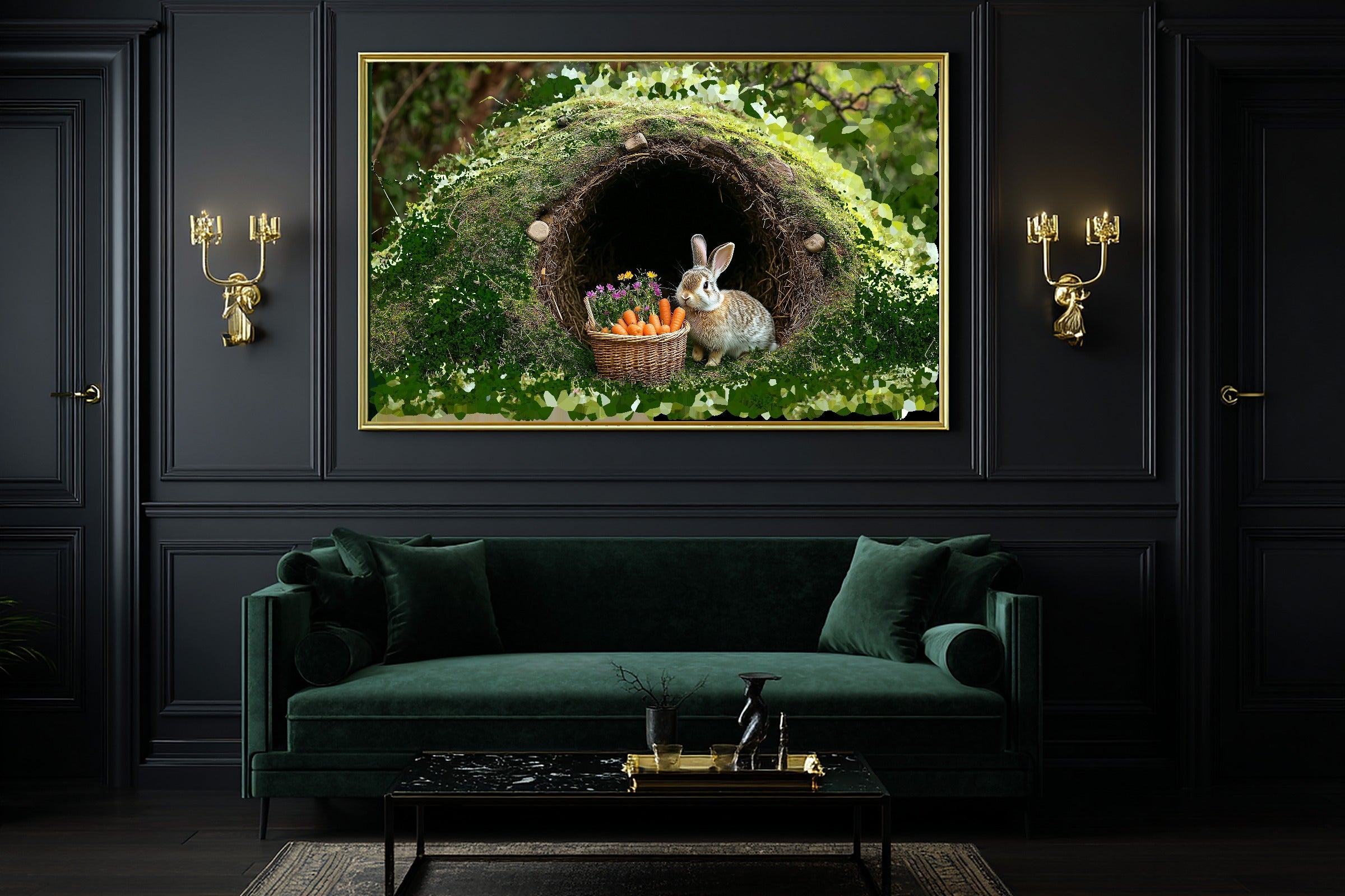 Nursery Bunny Burrow Carrot Basket Print on Stretched Canvas, Heartfelt Cozy Studio for the Living Room, Gift for the Art Lover in Your Life — nursery-bunny-burrow-carrot-basket-office-wall-art.jpg